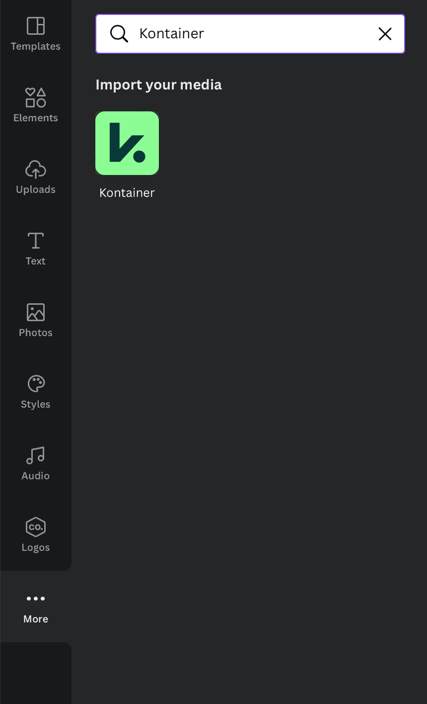 Canva More menu. Kontainer written in the search field