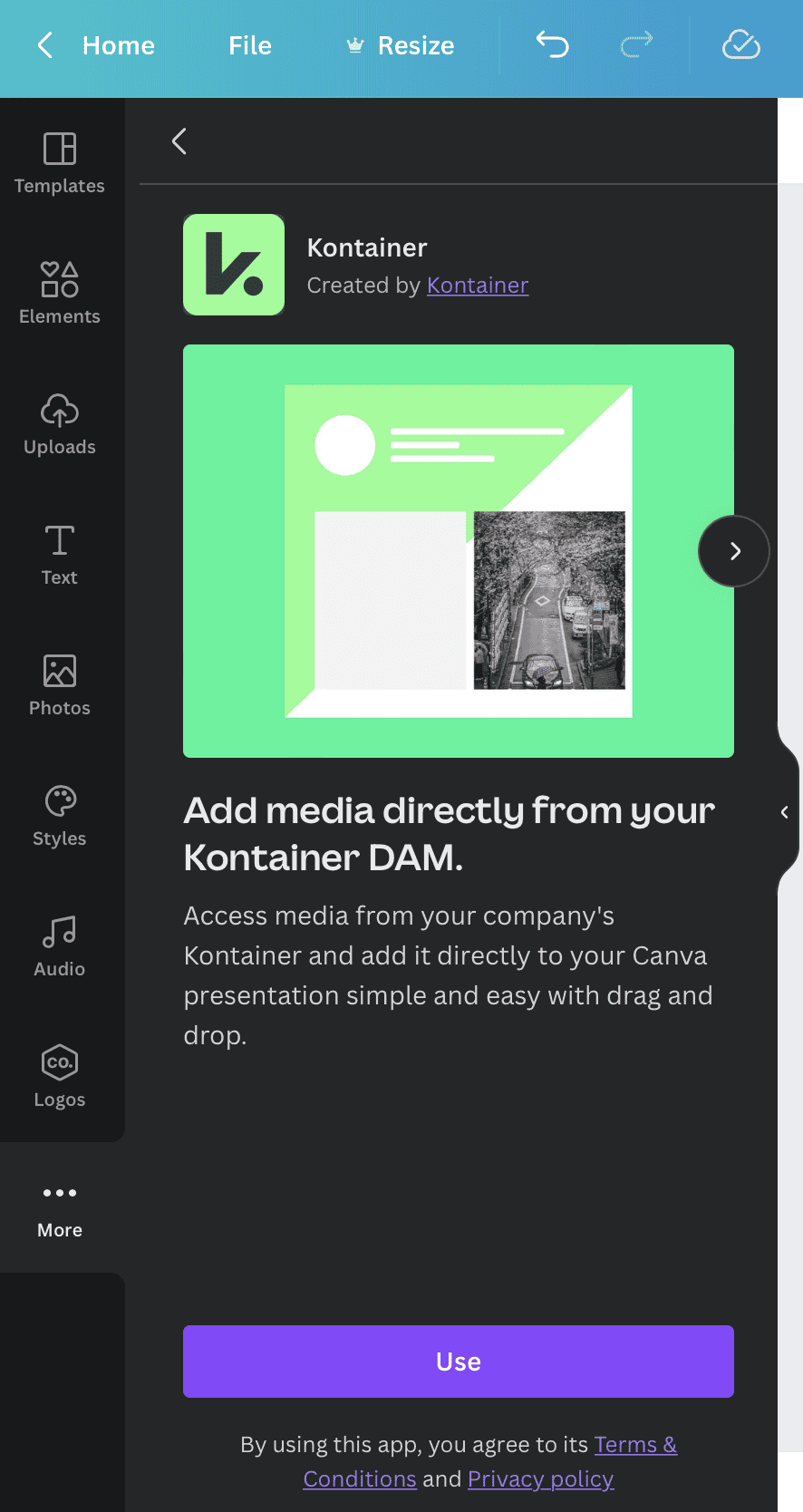 Canva More menu. Use Kontainer plugin