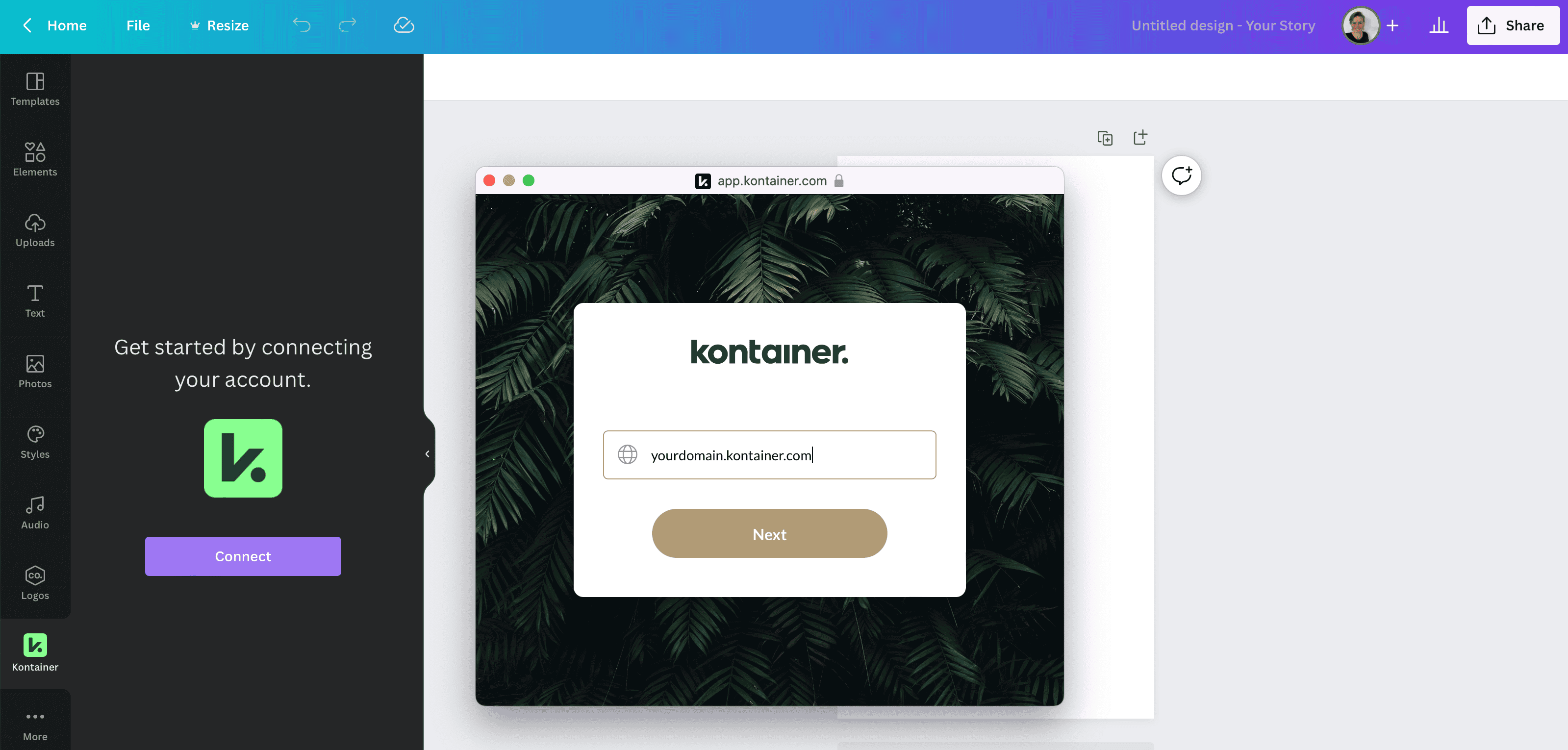 Kontainer-Plugin in Canva. Konto verbinden