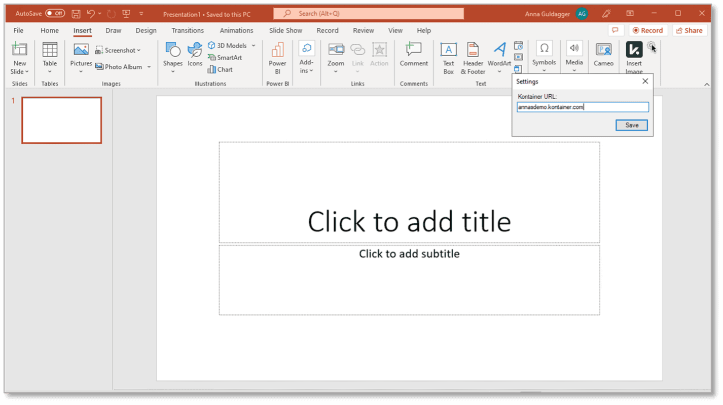 Kontainer URL hinzufügen im PowerPoint Plugin
