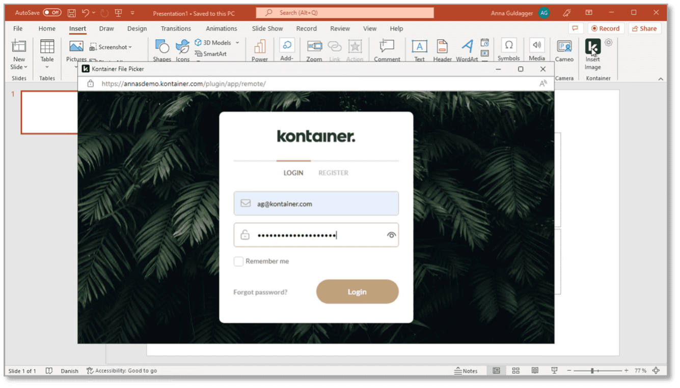 Logging in to Kontainer from PowerPoint plugin