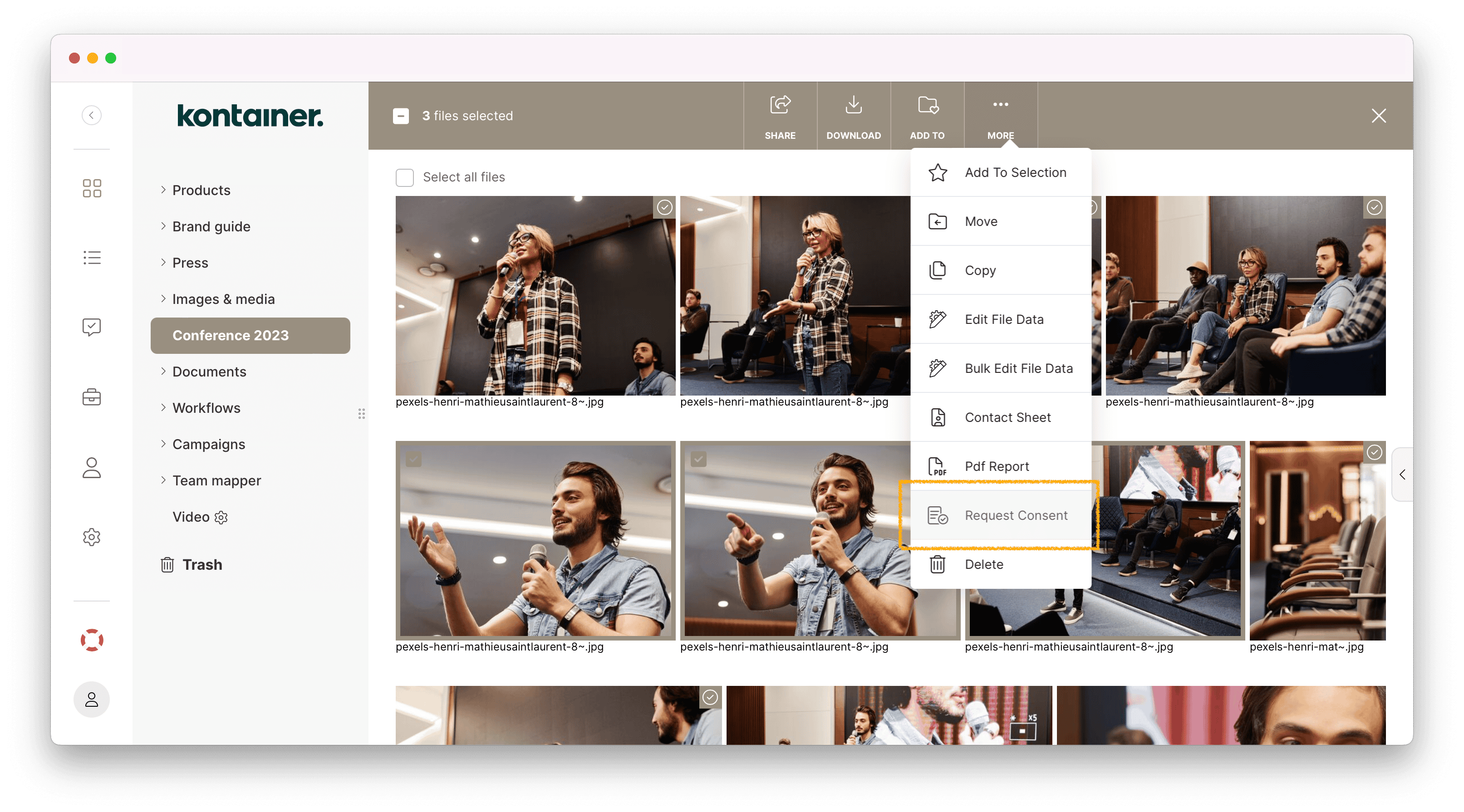 To request consent in Kontainer, select images and click on