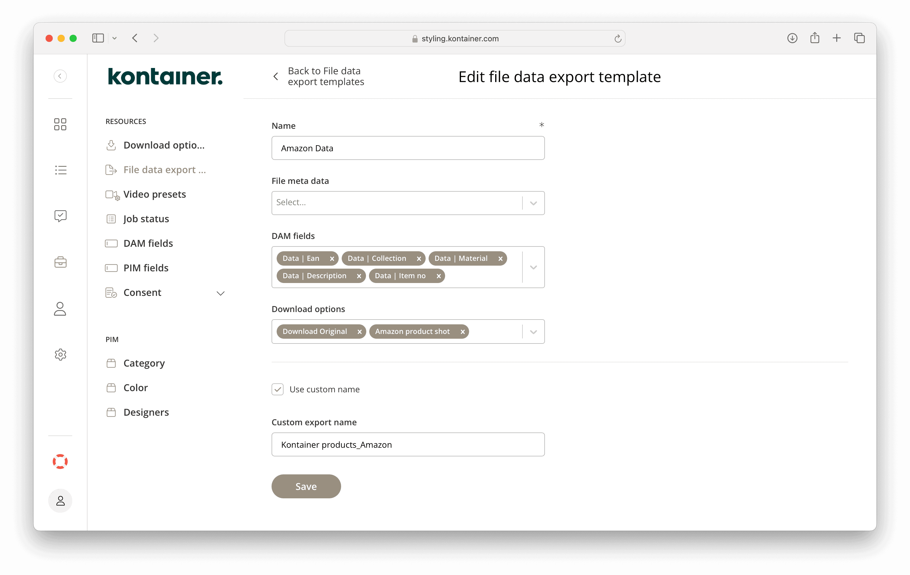 Configure new File data export template in Kontainer