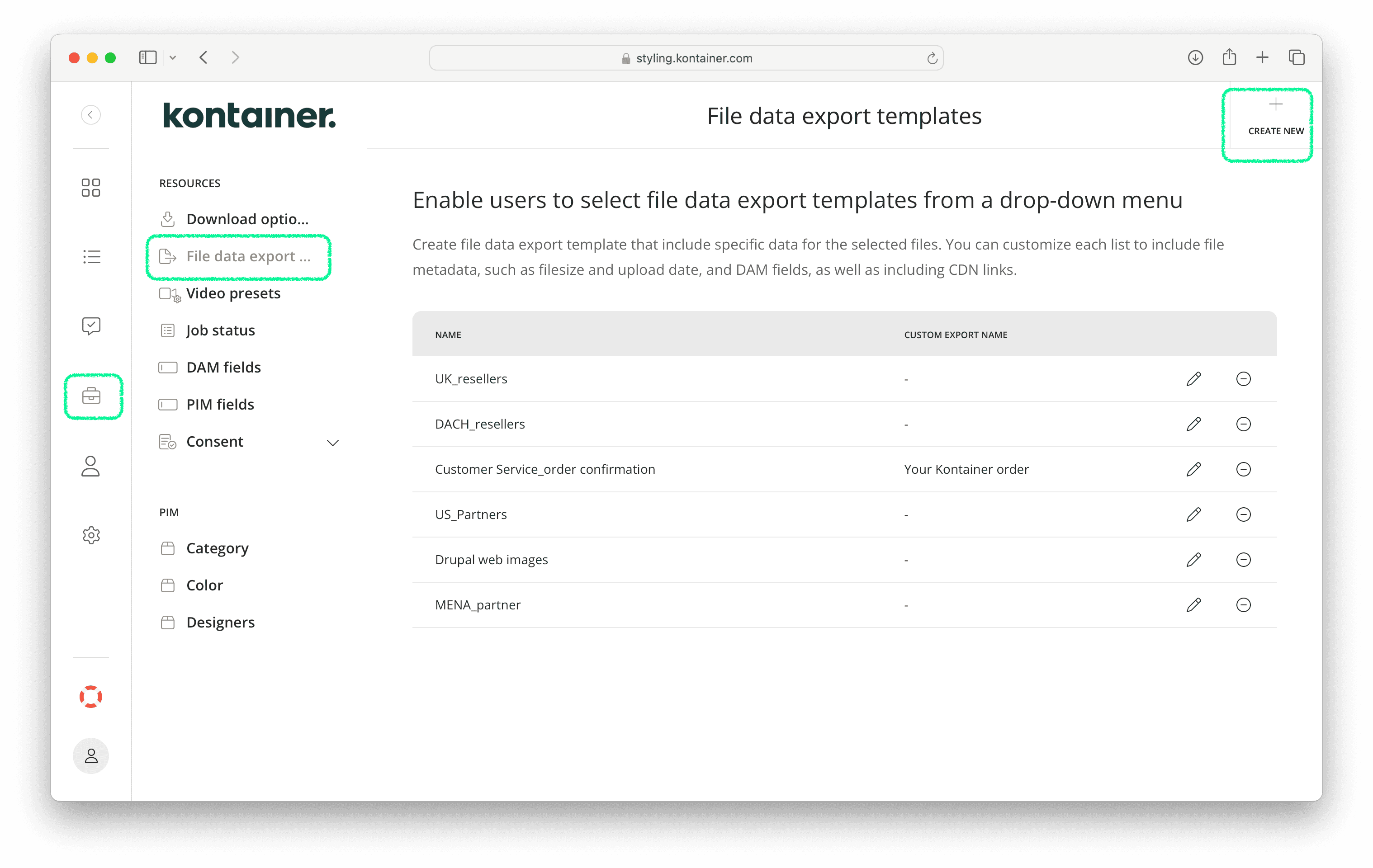 Create new File data export template in Kontainer