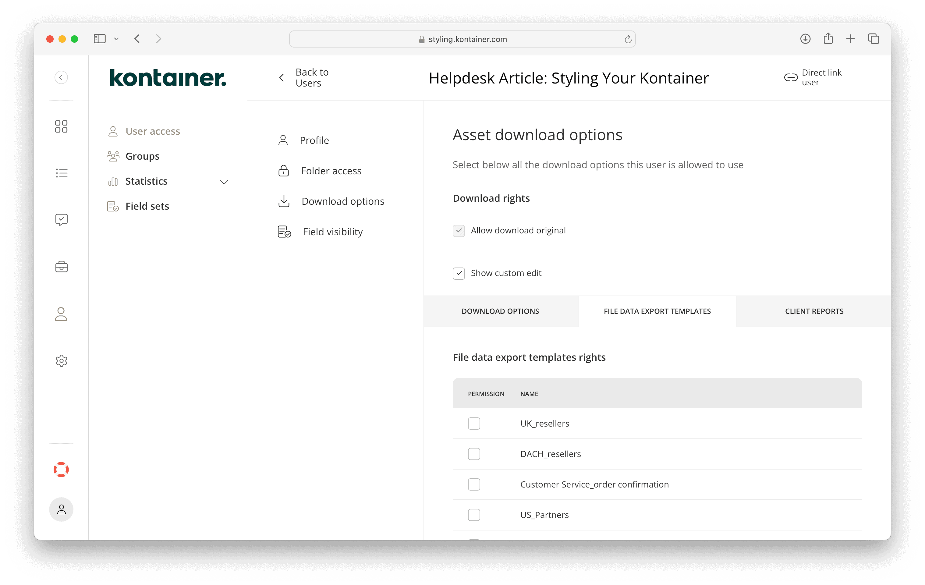 Berechtigungen für Datei-Datenexportvorlagen in Kontainer verwalten