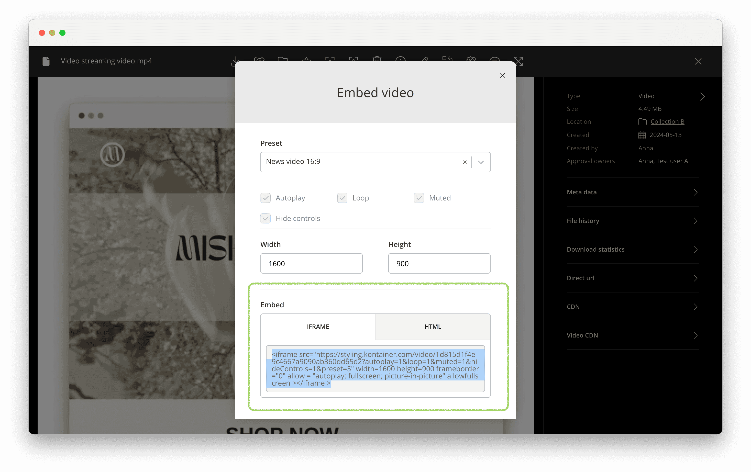 Copy final link within the Embed settings of Kontainer video streaming tool