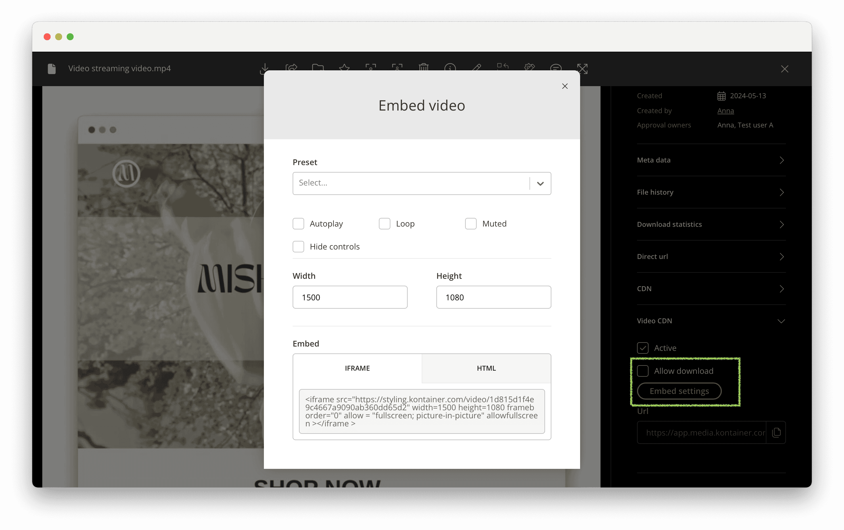 Embed-Einstellungen für Kontainer Video-Streaming