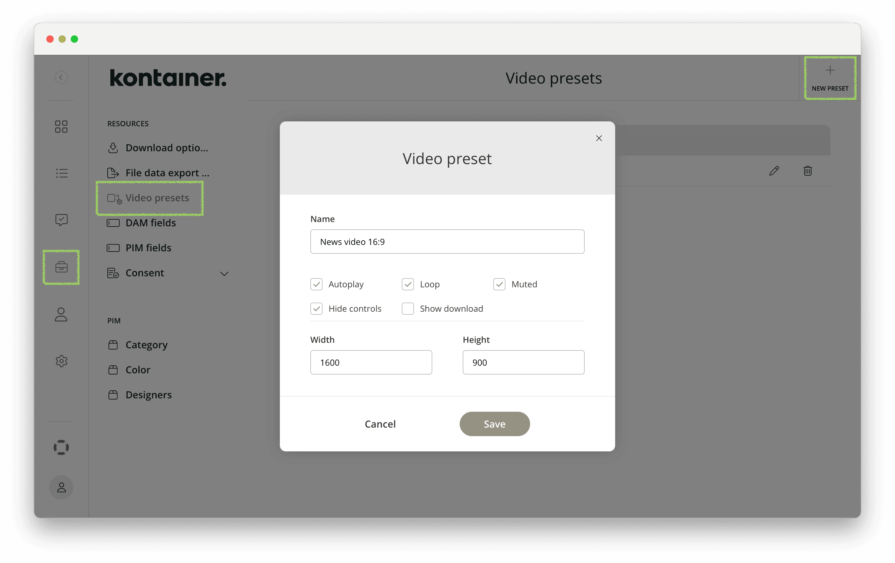 Preset-Einstellungen für Kontainer Video-Streaming