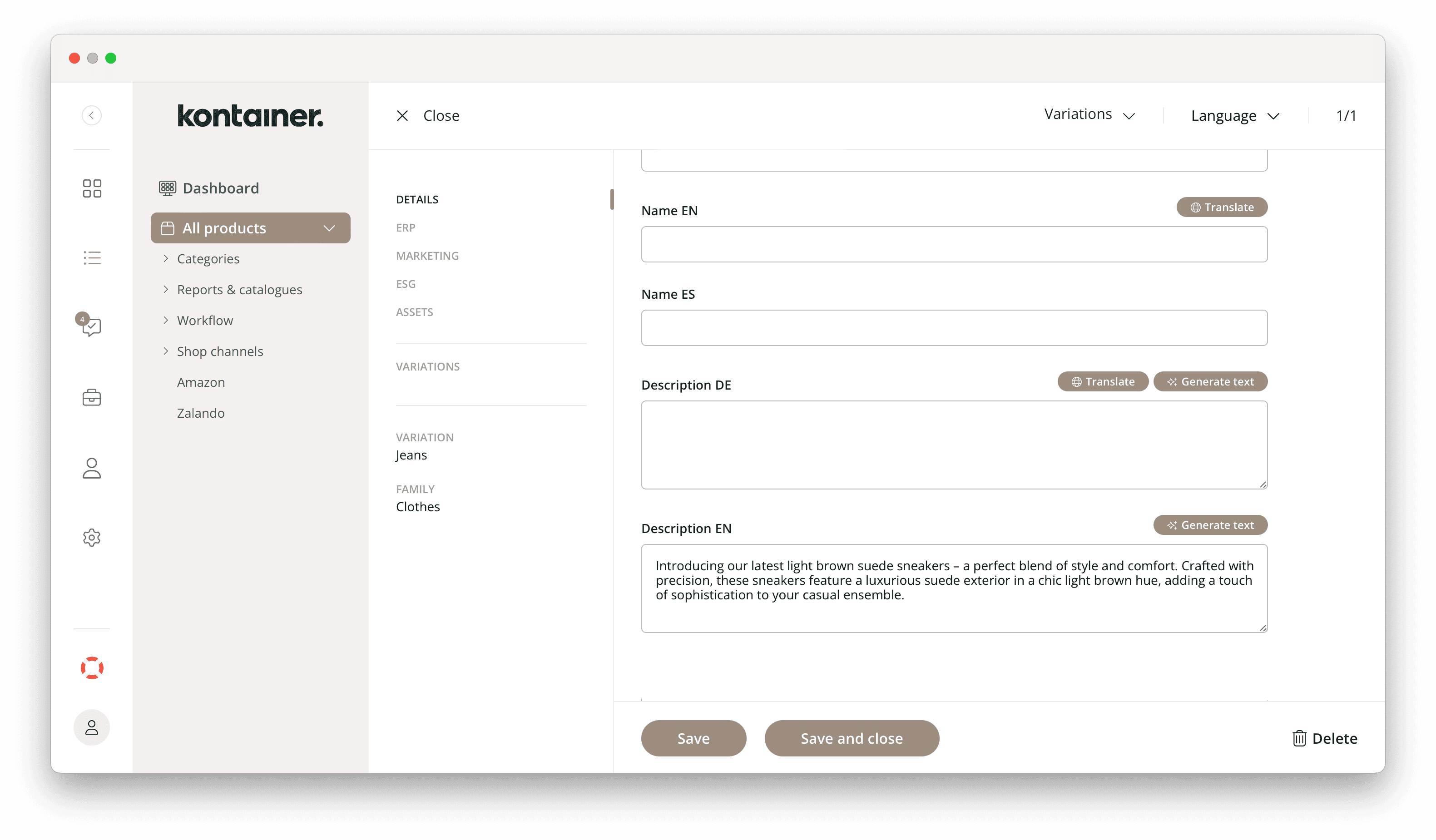Optionen zur KI-Textgenerierung und Übersetzung in Kontainer PIM