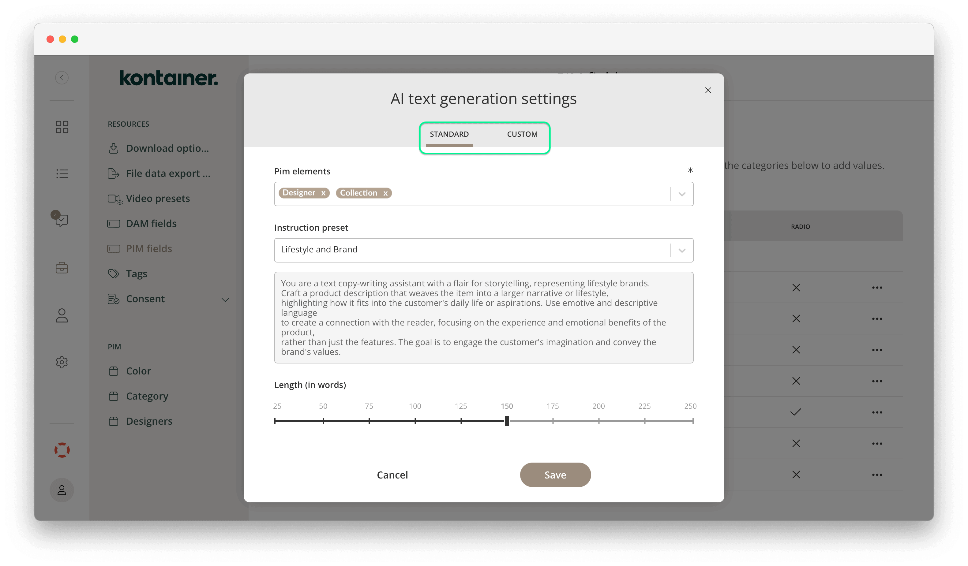 AI-Einstellungen für ein Textfeld in Kontainer auswählen