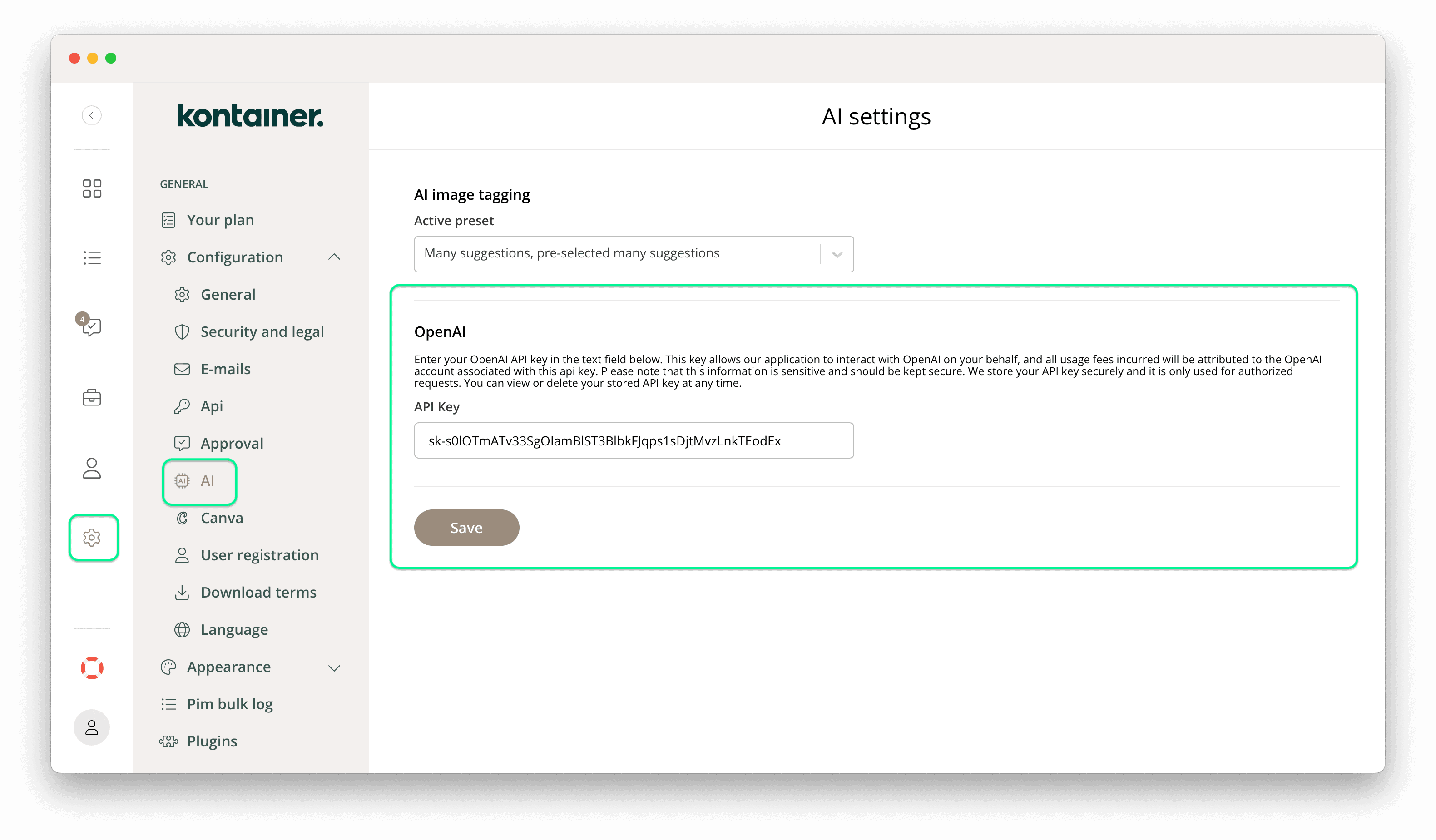 API-Schlüssel für Open AI in Kontainer PIM hinzufügen