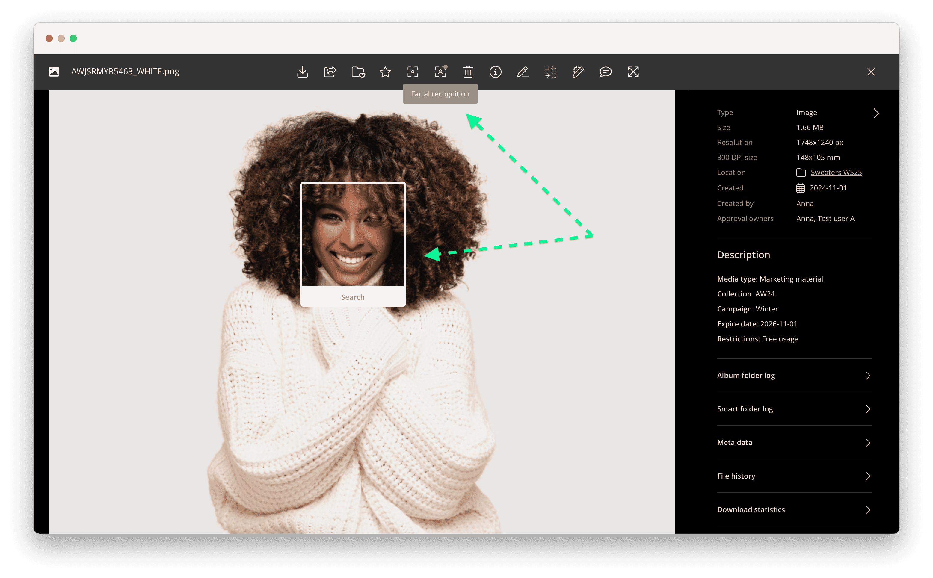 Image with model open in Kontainer's gallery mode. The face of the model is captured by the facial recognition tool and shows the option 'Search' underneath