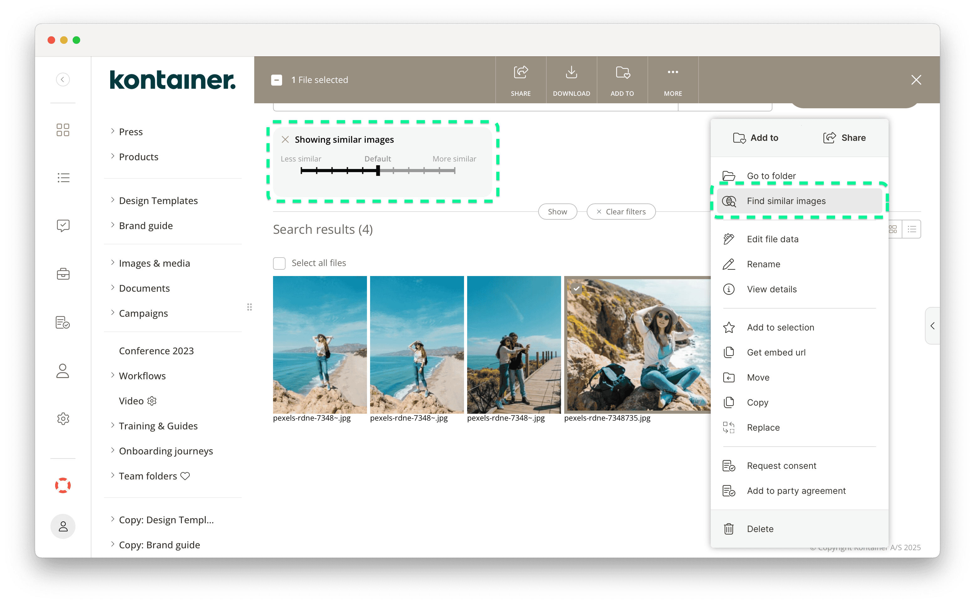 Kontainer DAM search results from a 'Search similar' search. Over the results, there is a slider with the option to narrow or expand accuracy. The image options menu is open on the left side, and the option 'Search similar' is highlighted