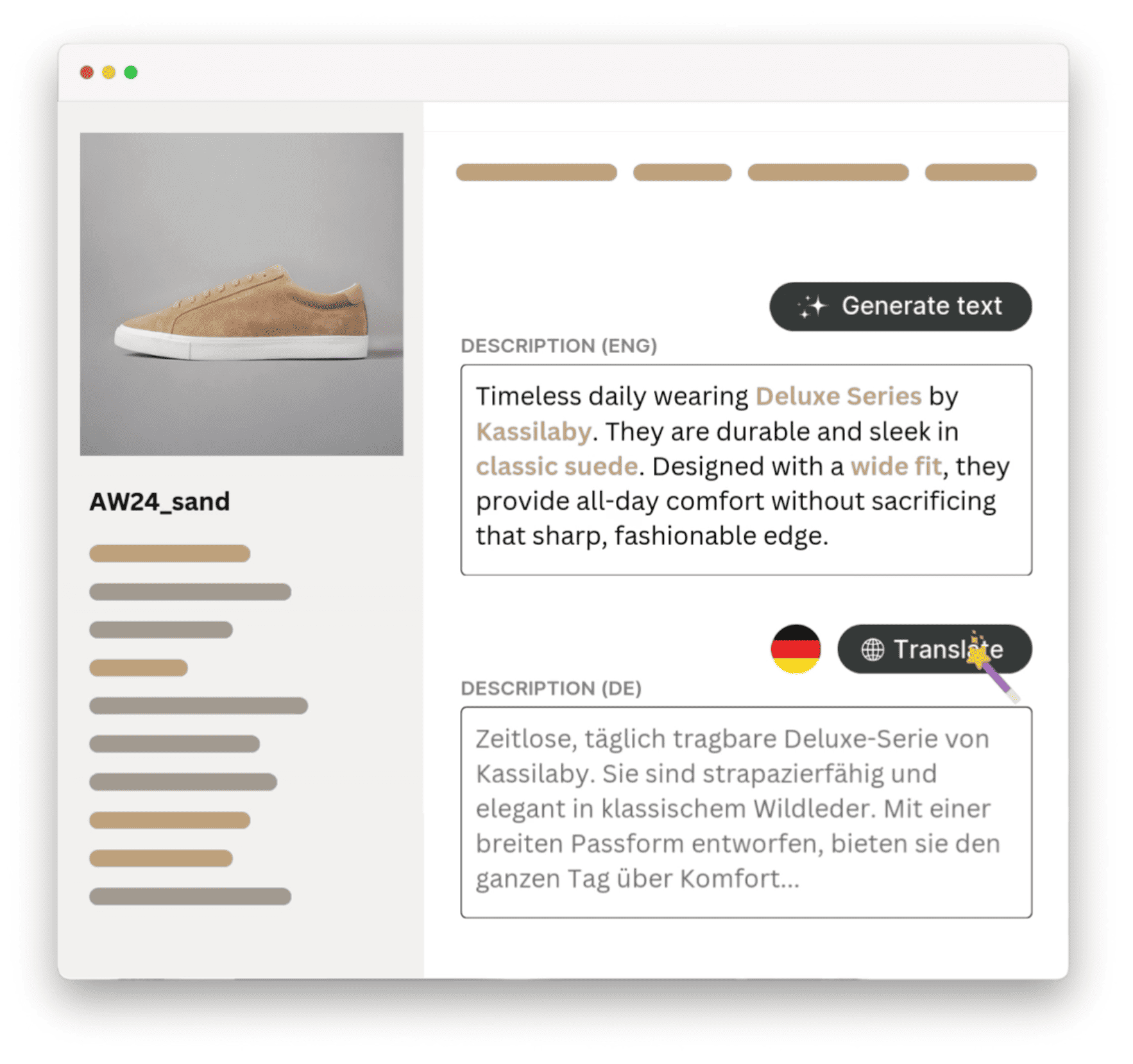 Shoe shown in a Kontainer PIM view with text generation and translation options