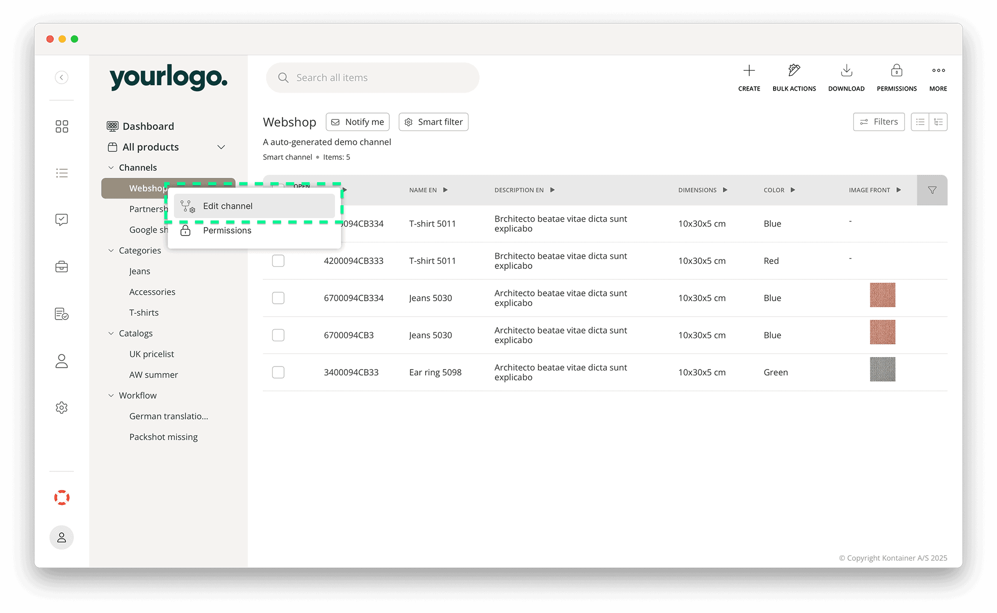 Kontainer PIM select Edit channel
