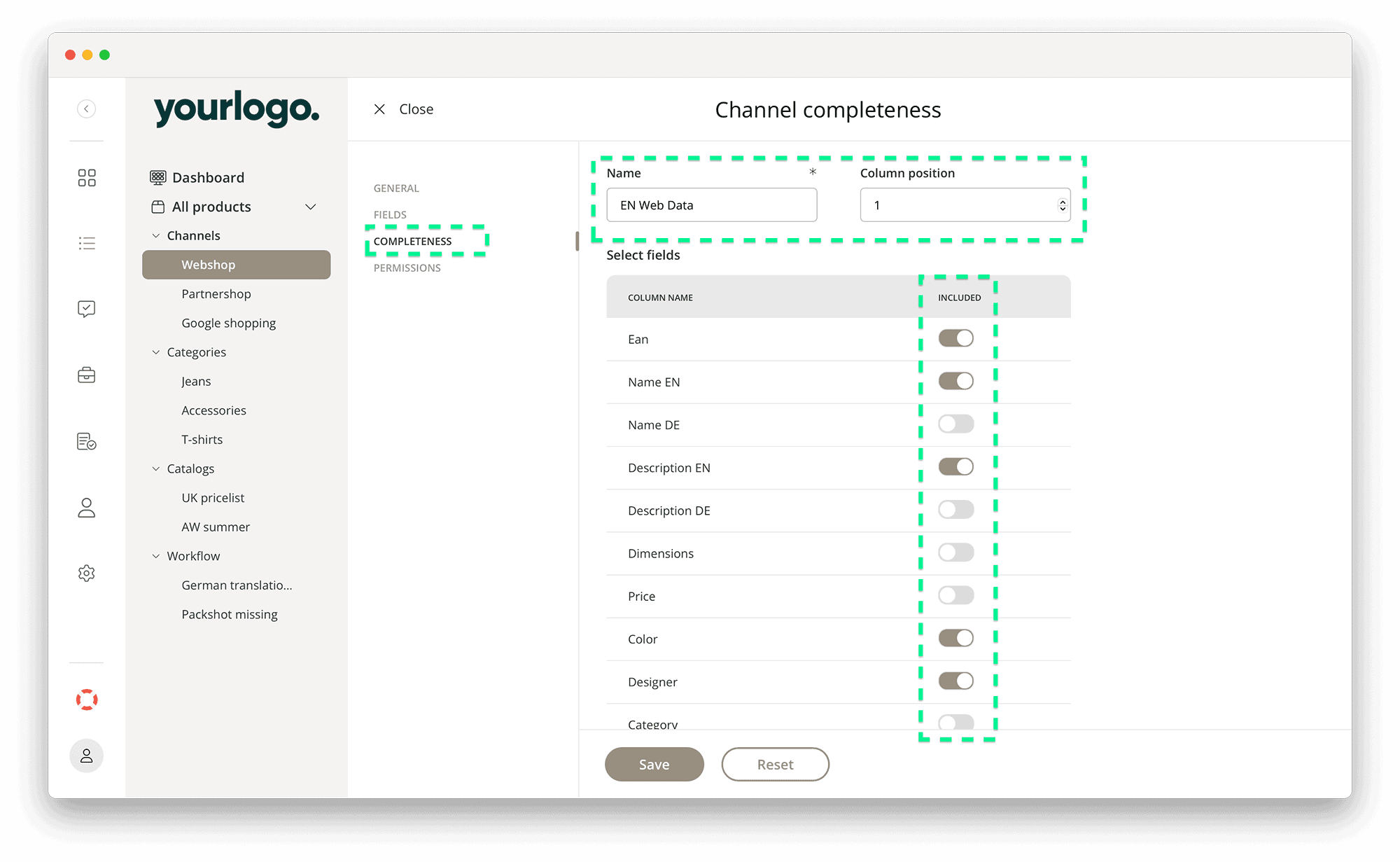 Kontainer PIM completeness settings