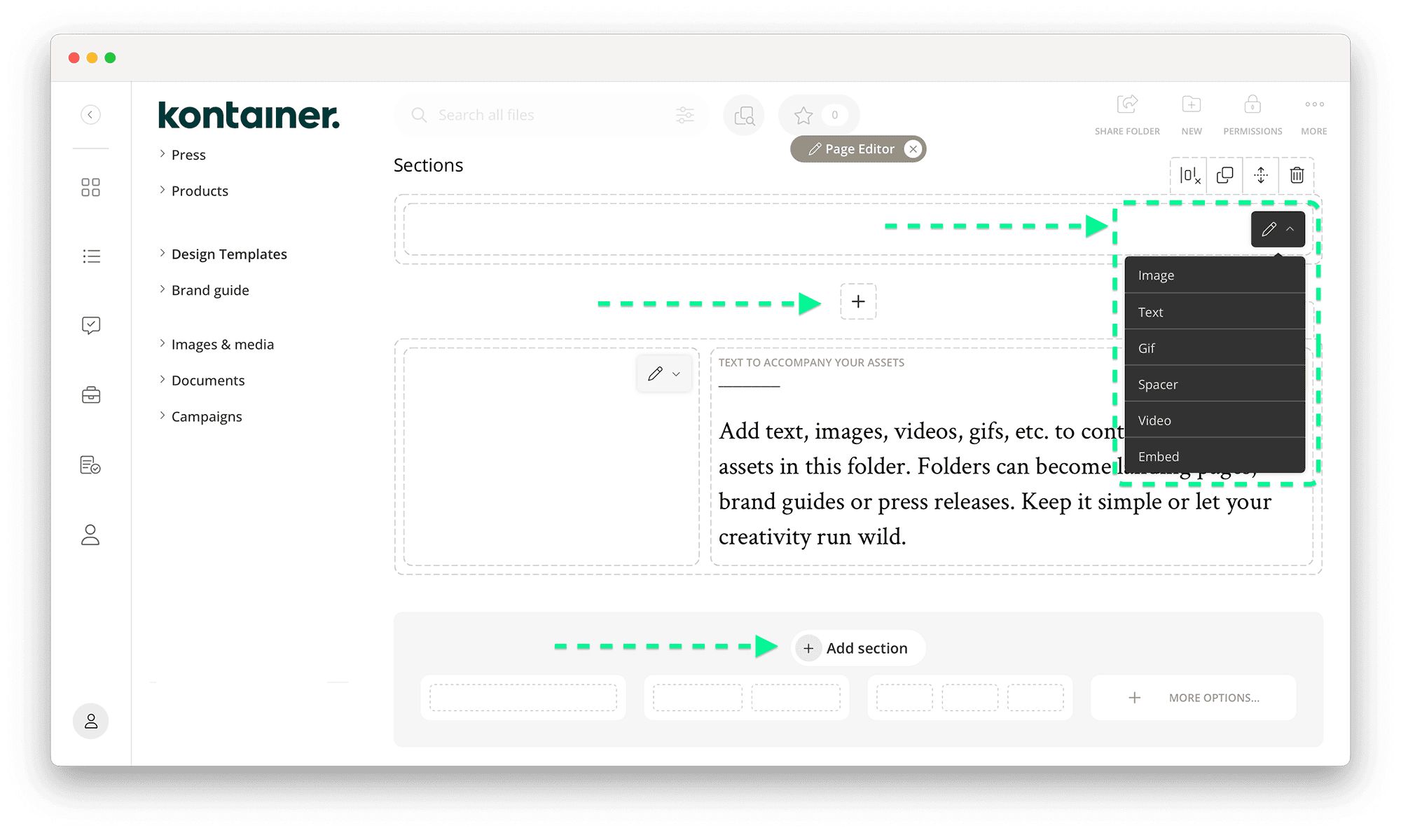 Adding Content Section in Design Mode in Kontainer