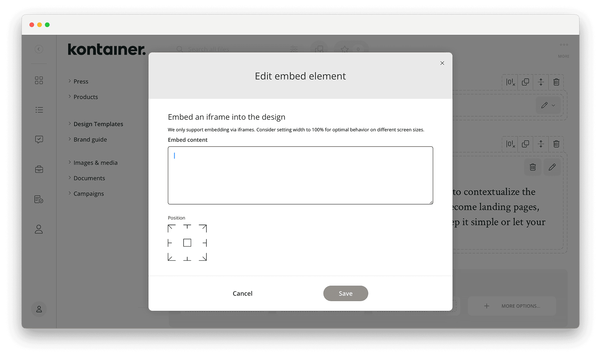 Adding Embedded content in Page editor in Kontainer