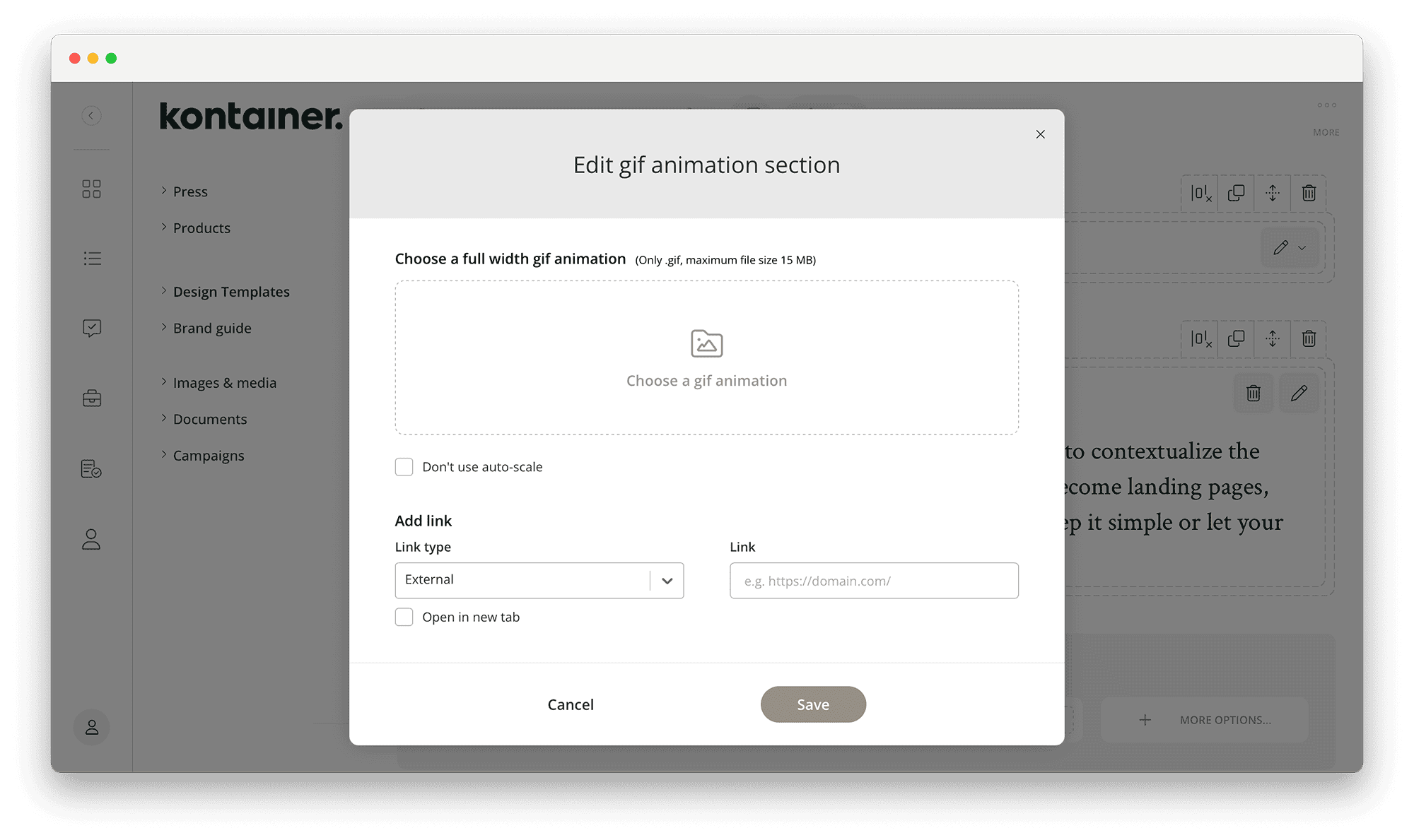 Hochladen von GIFs im Designmodus in Kontainer