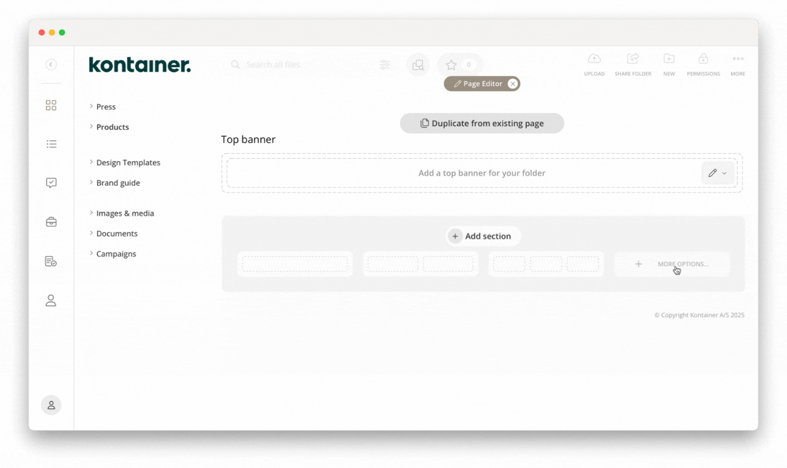Adding Content Section in Design Mode in Kontainer