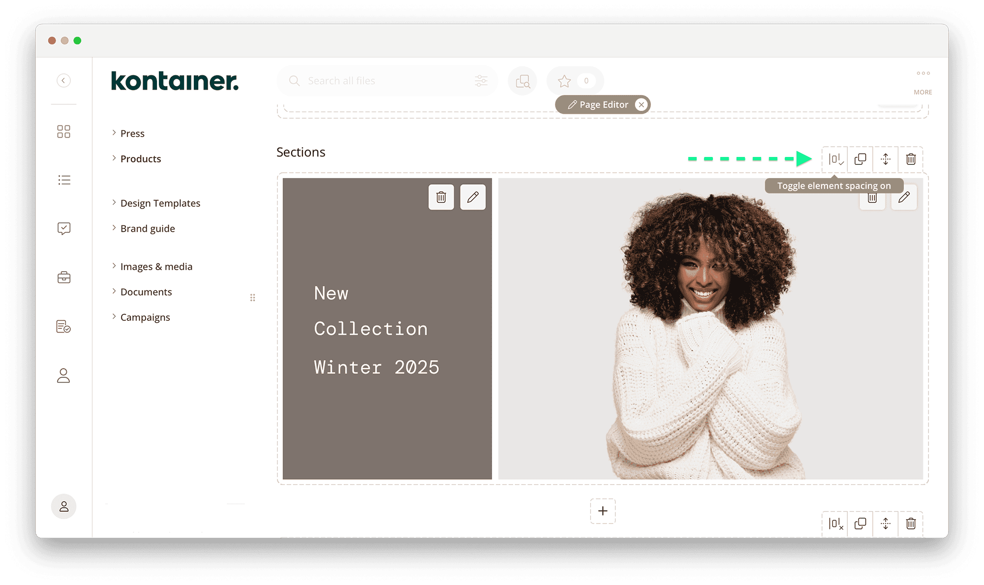 Margin settings in Page editor in Kontainer