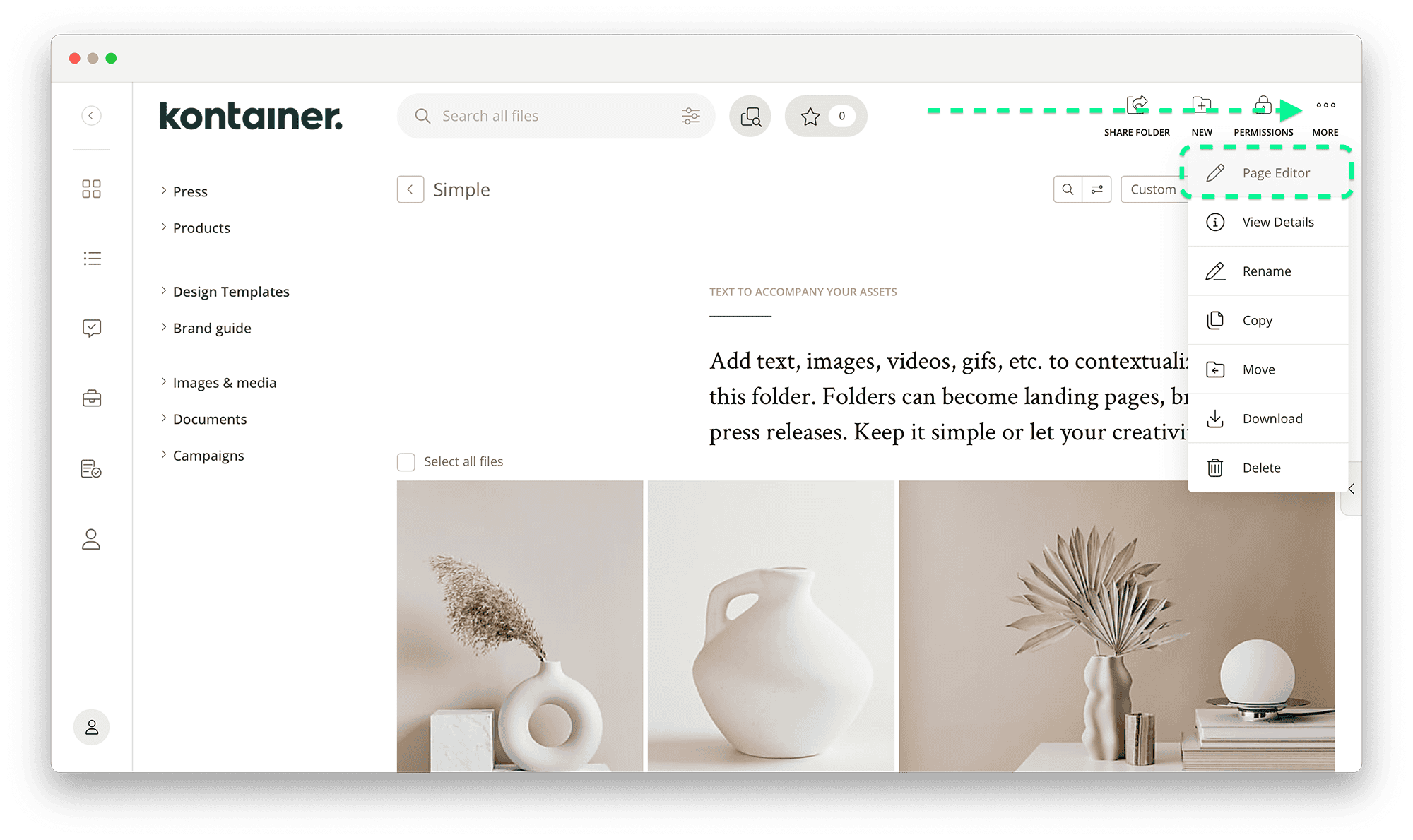 Klicken auf Designmodus in Kontainer