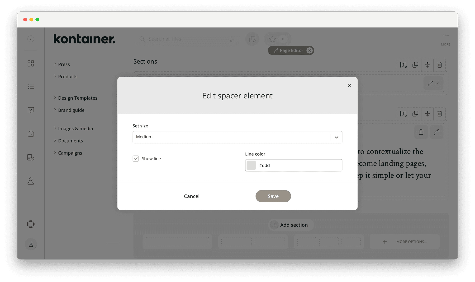 Spacer-Element im Page Editor in Kontainer