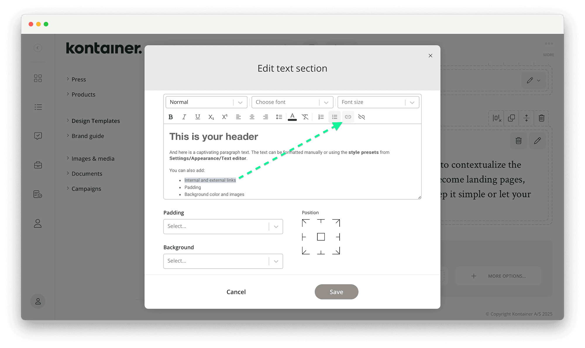 Adding Text in Design Mode in Kontainer
