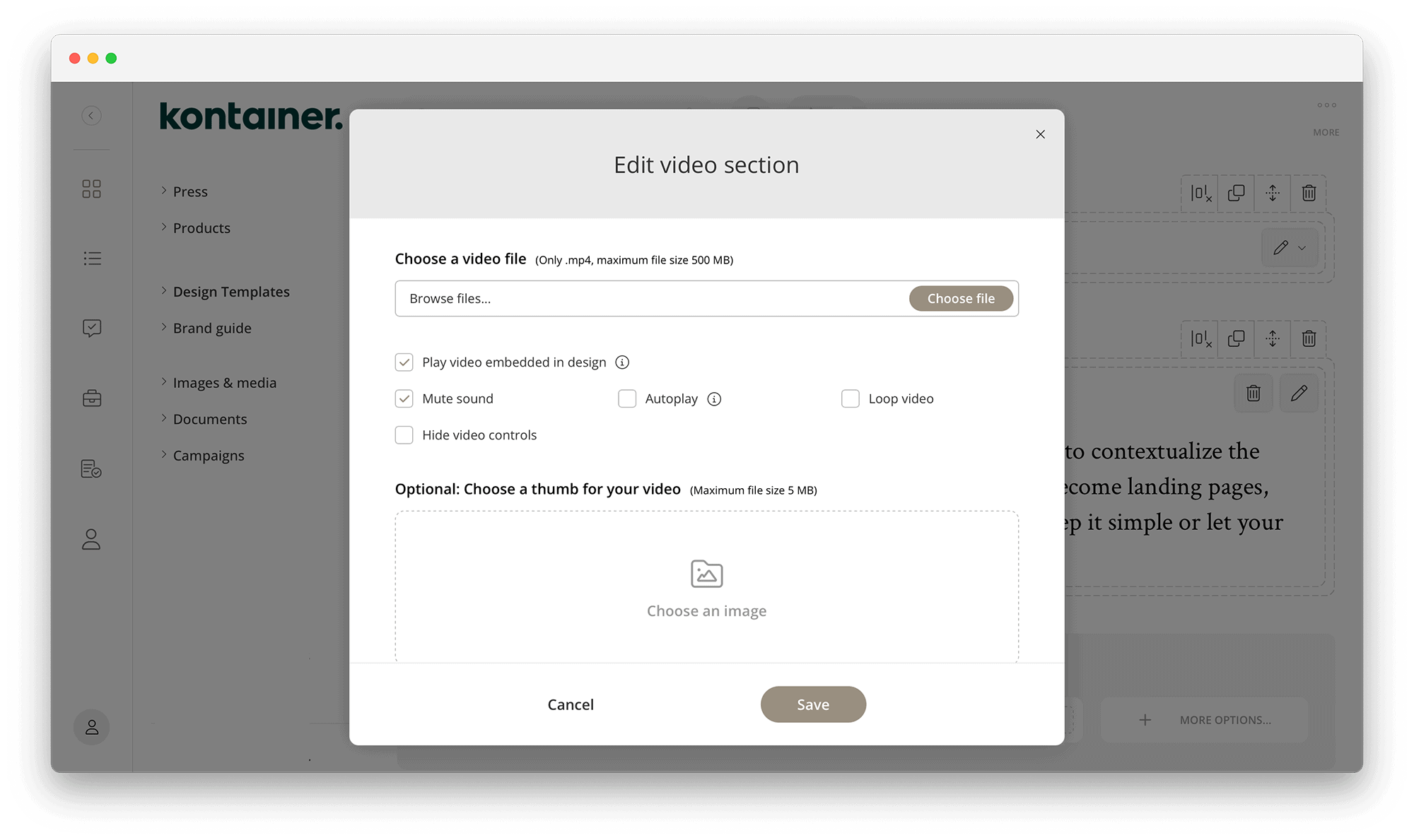 Video-Element im Page Editor in Kontainer