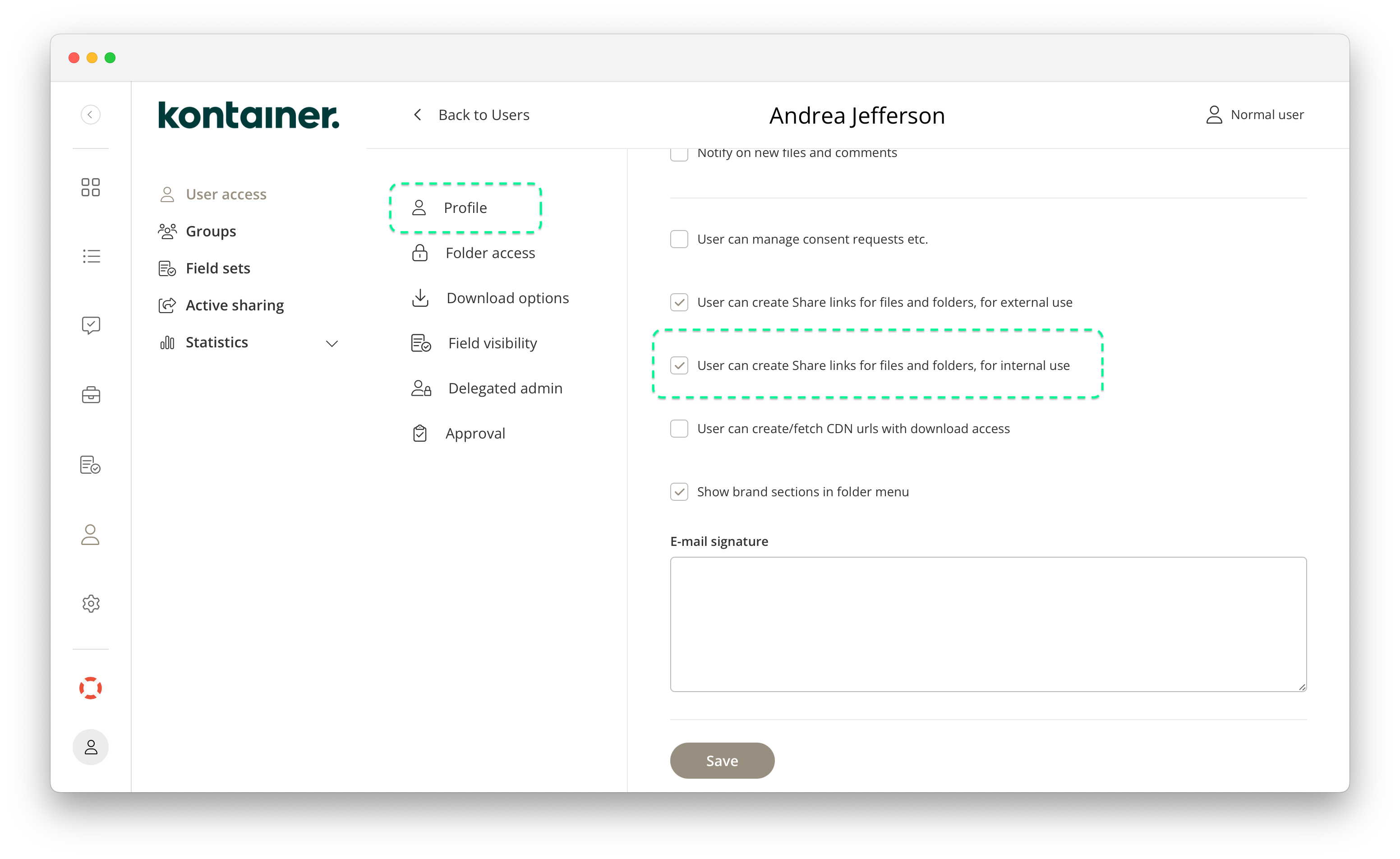 internal sharing settings on user profile