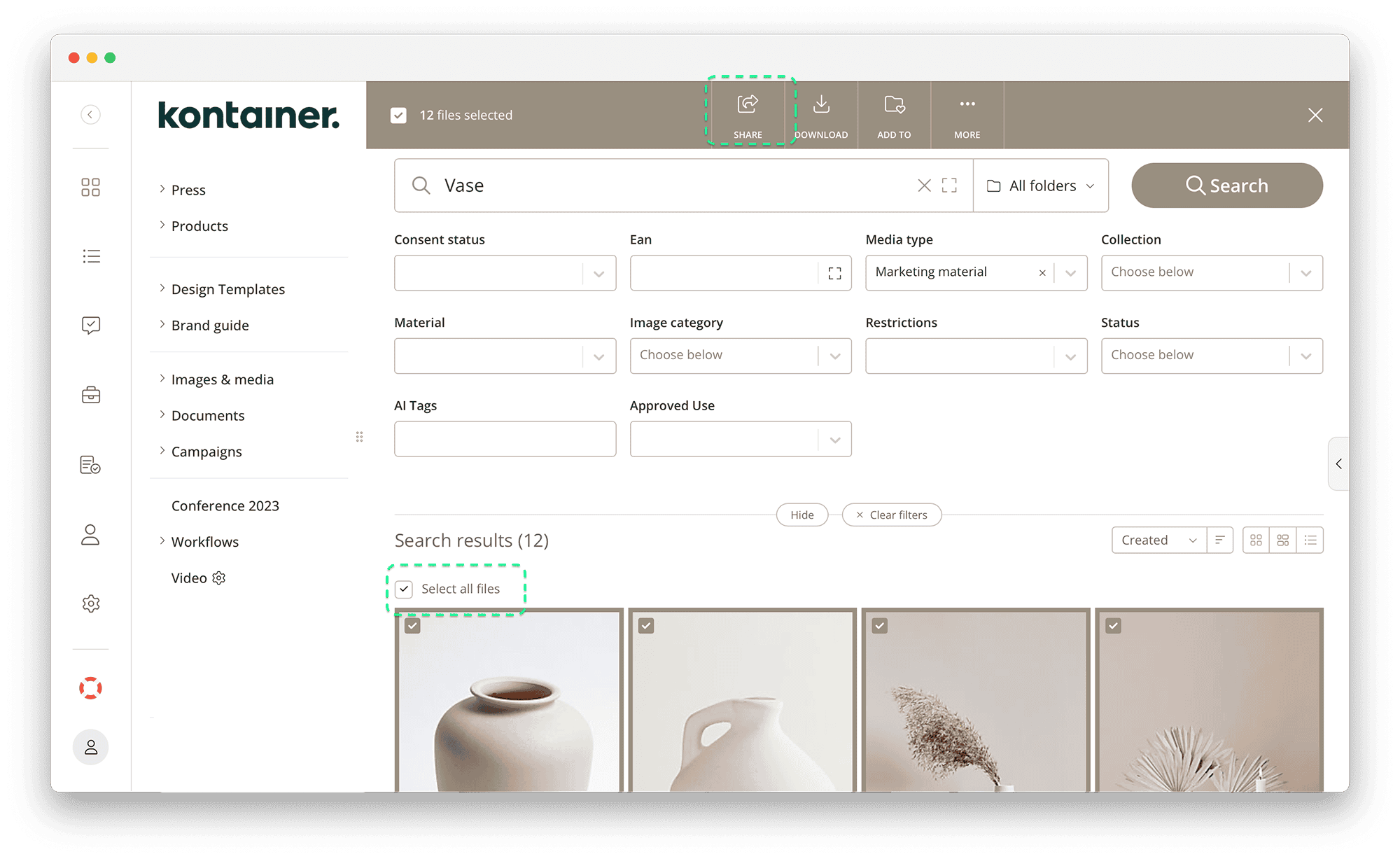 Sharing files in Kontainer DAM from a search result