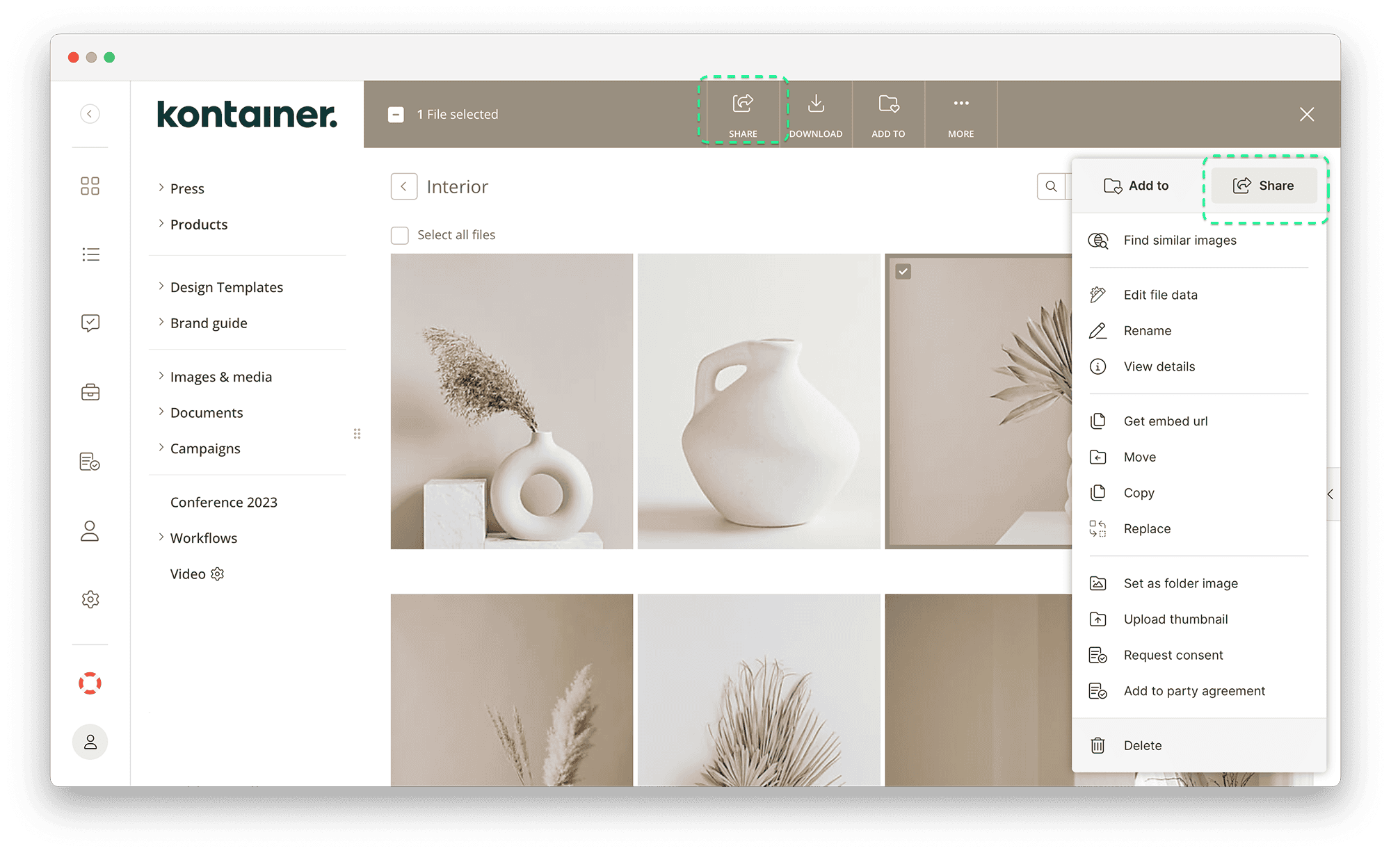 Sharing a single file in Kontainer DAM