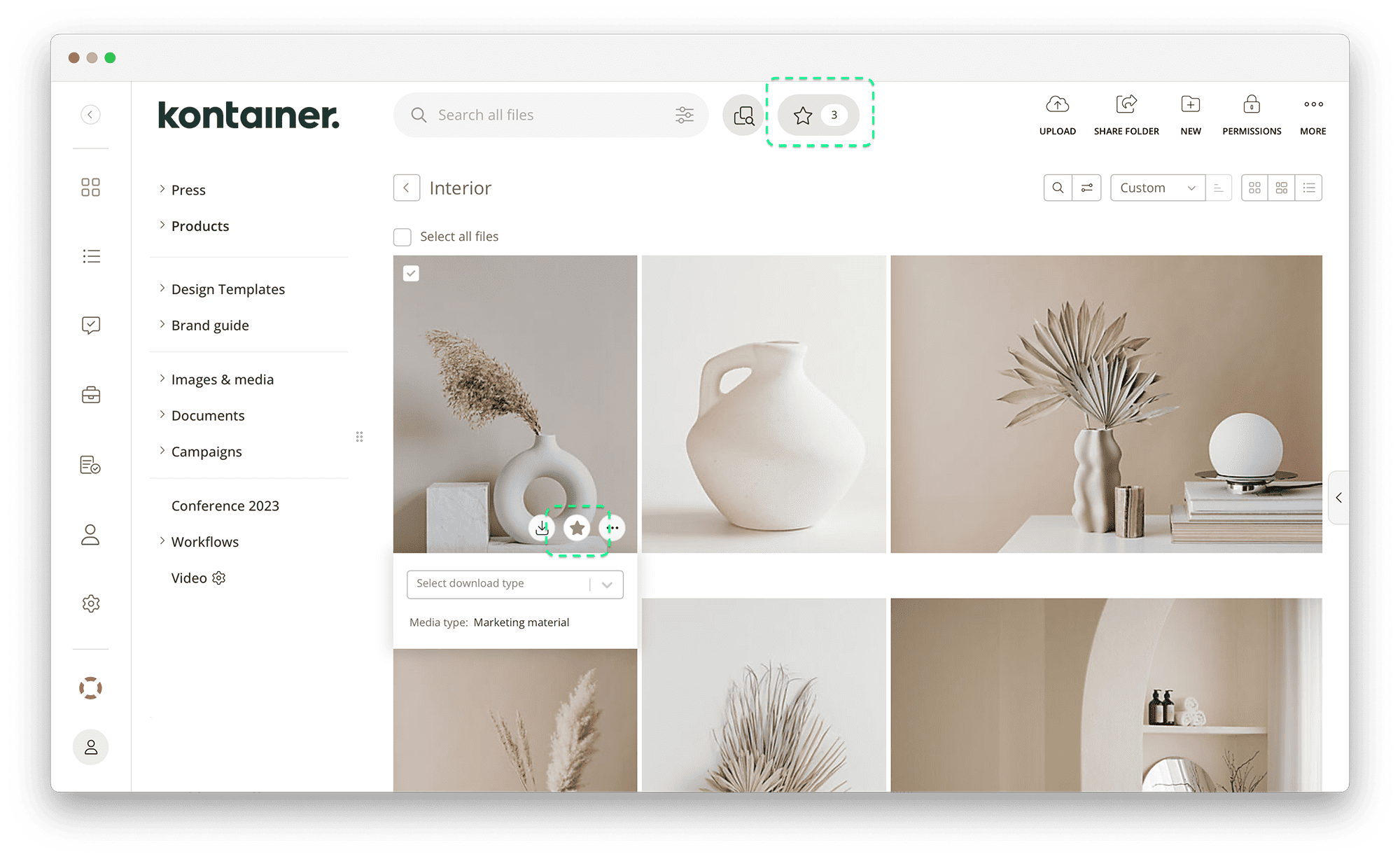 Selecting files to share with the Star function in Kontainer DAM
