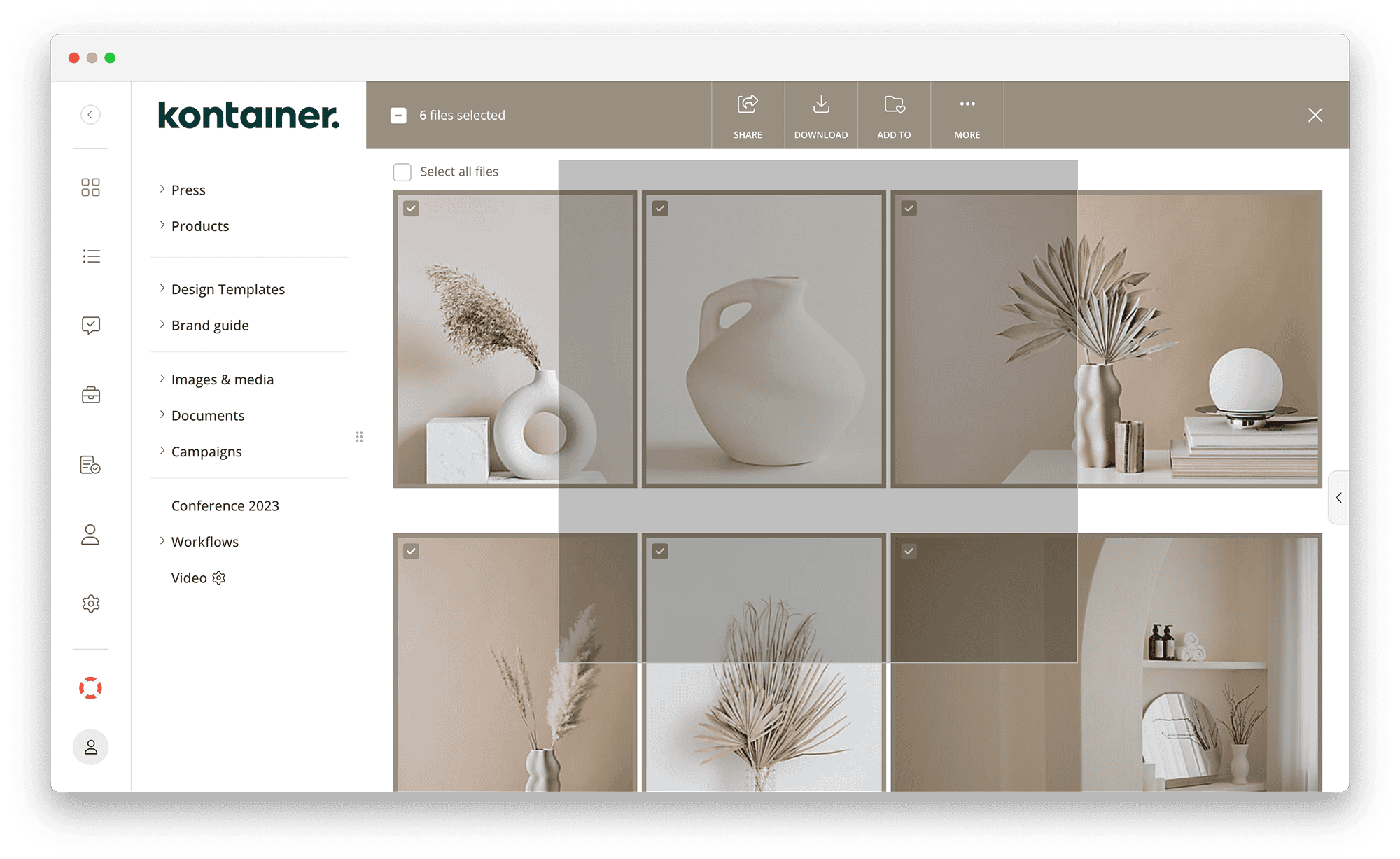 Multi-selecting images for sharing in Kontainer DAM