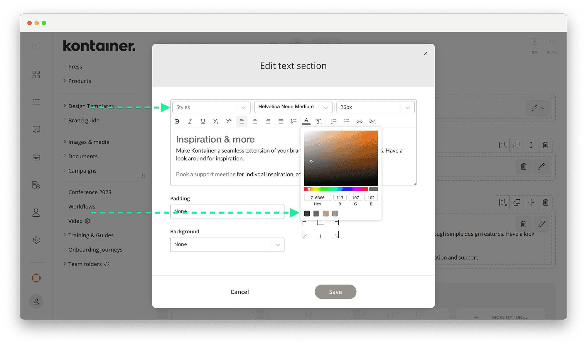 Use brand presets in Kontainer page editor