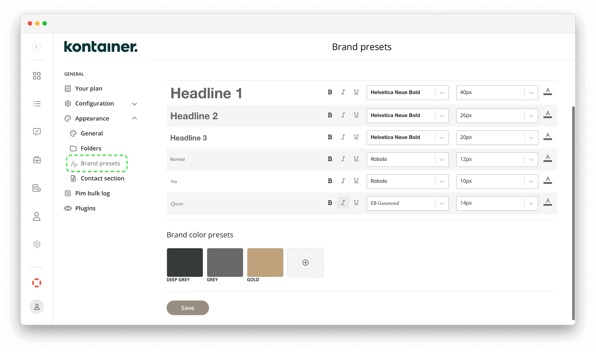 Add brand presets in Kontainer settings