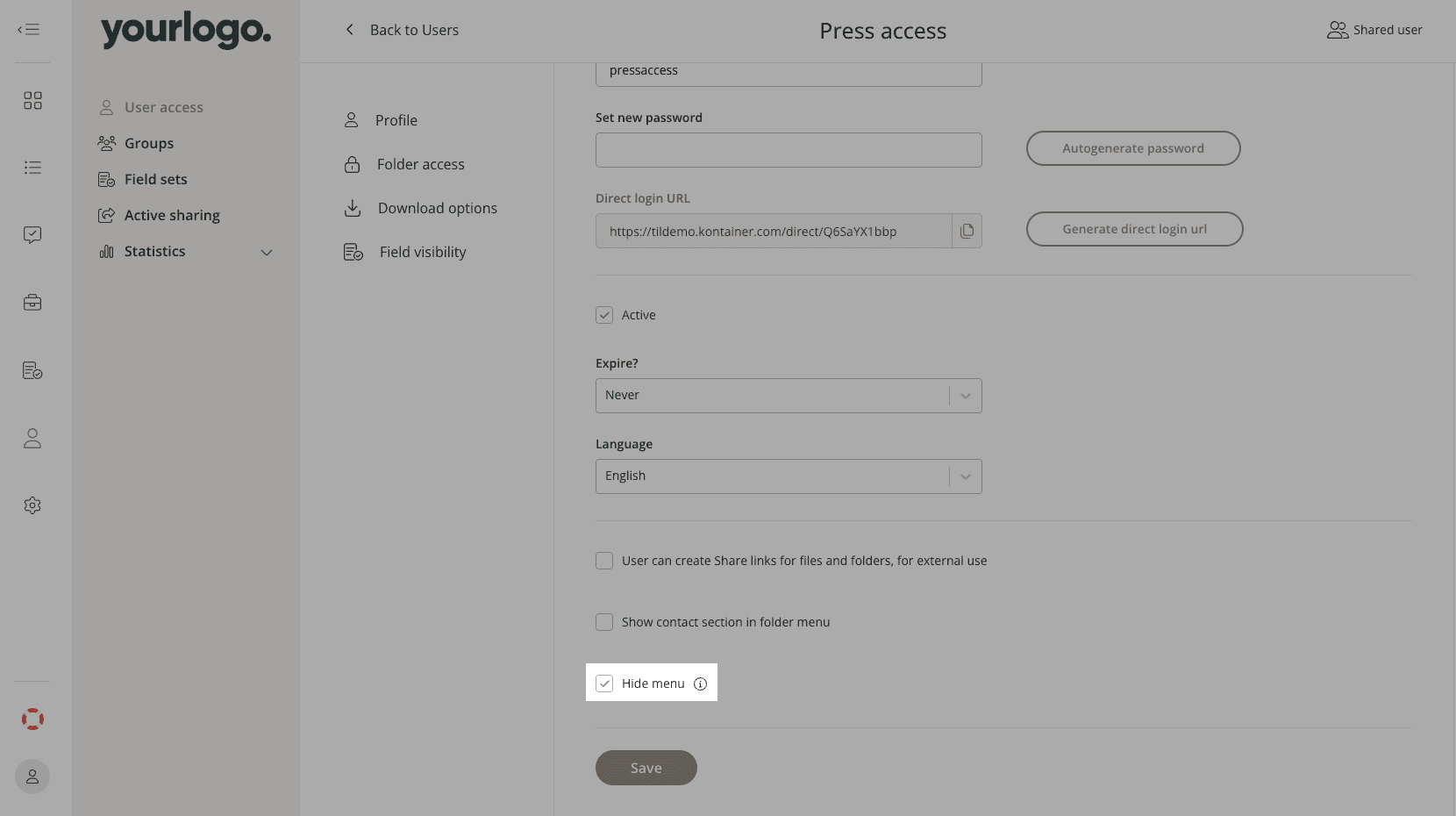 folder menu on users