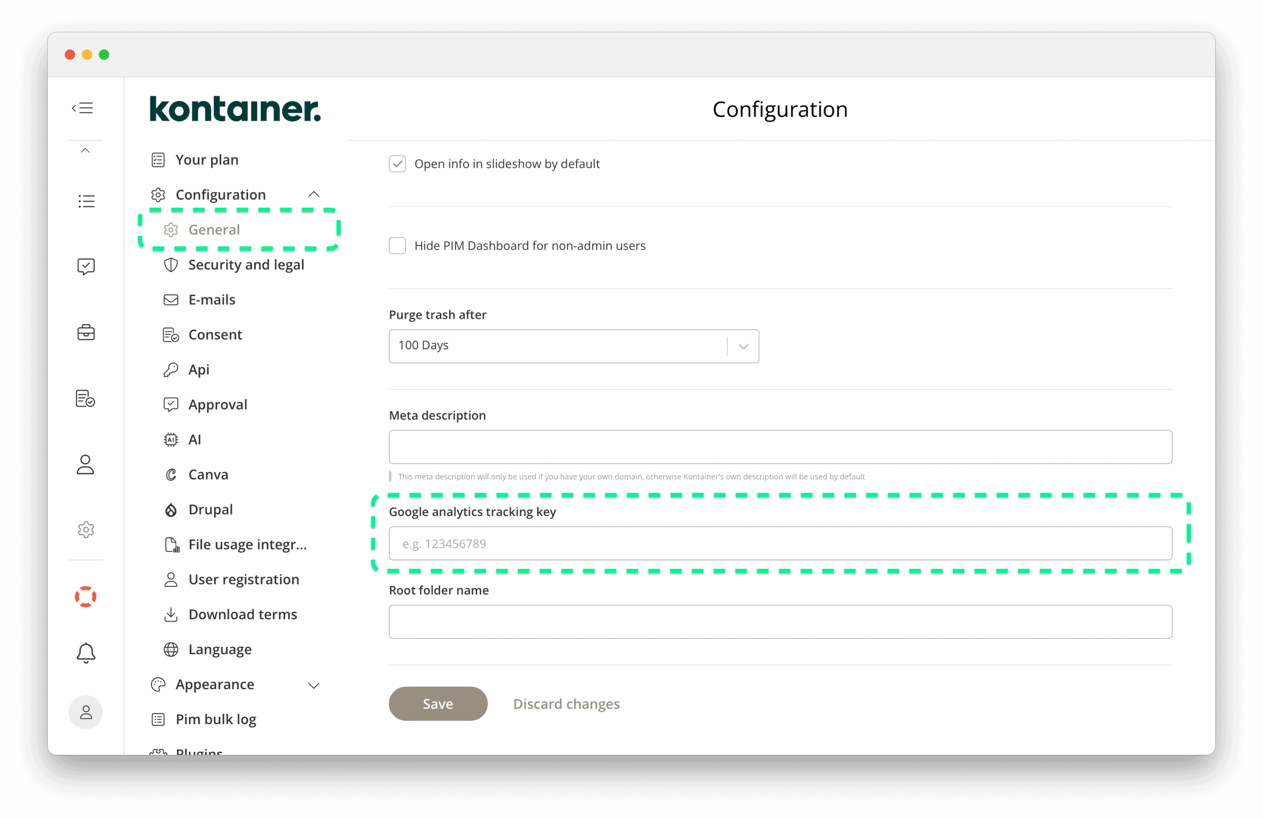 Kontainer DAM statistics: Add Google analytics tracking key