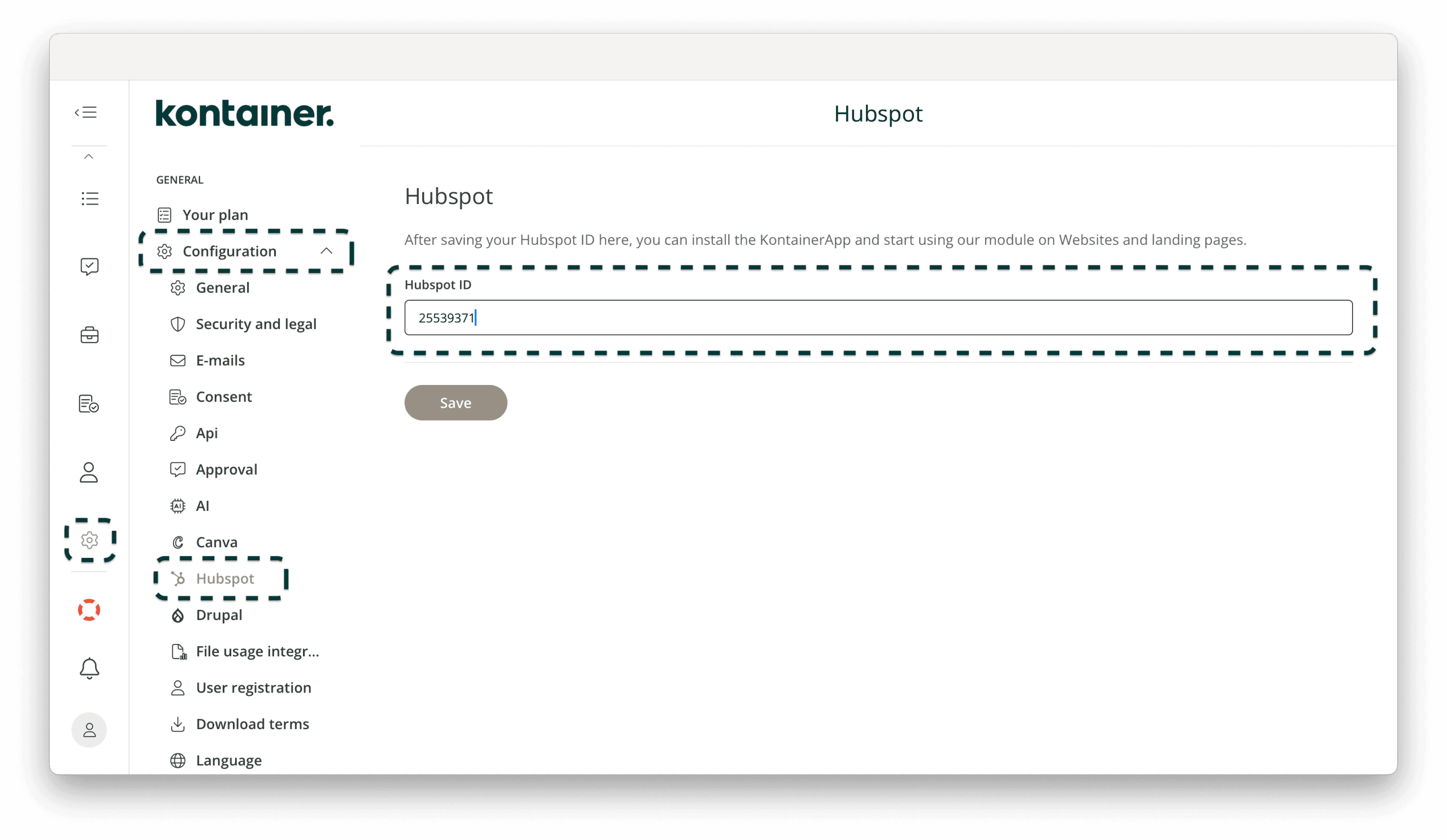 Inserting HubSpot ID in Kontainer
