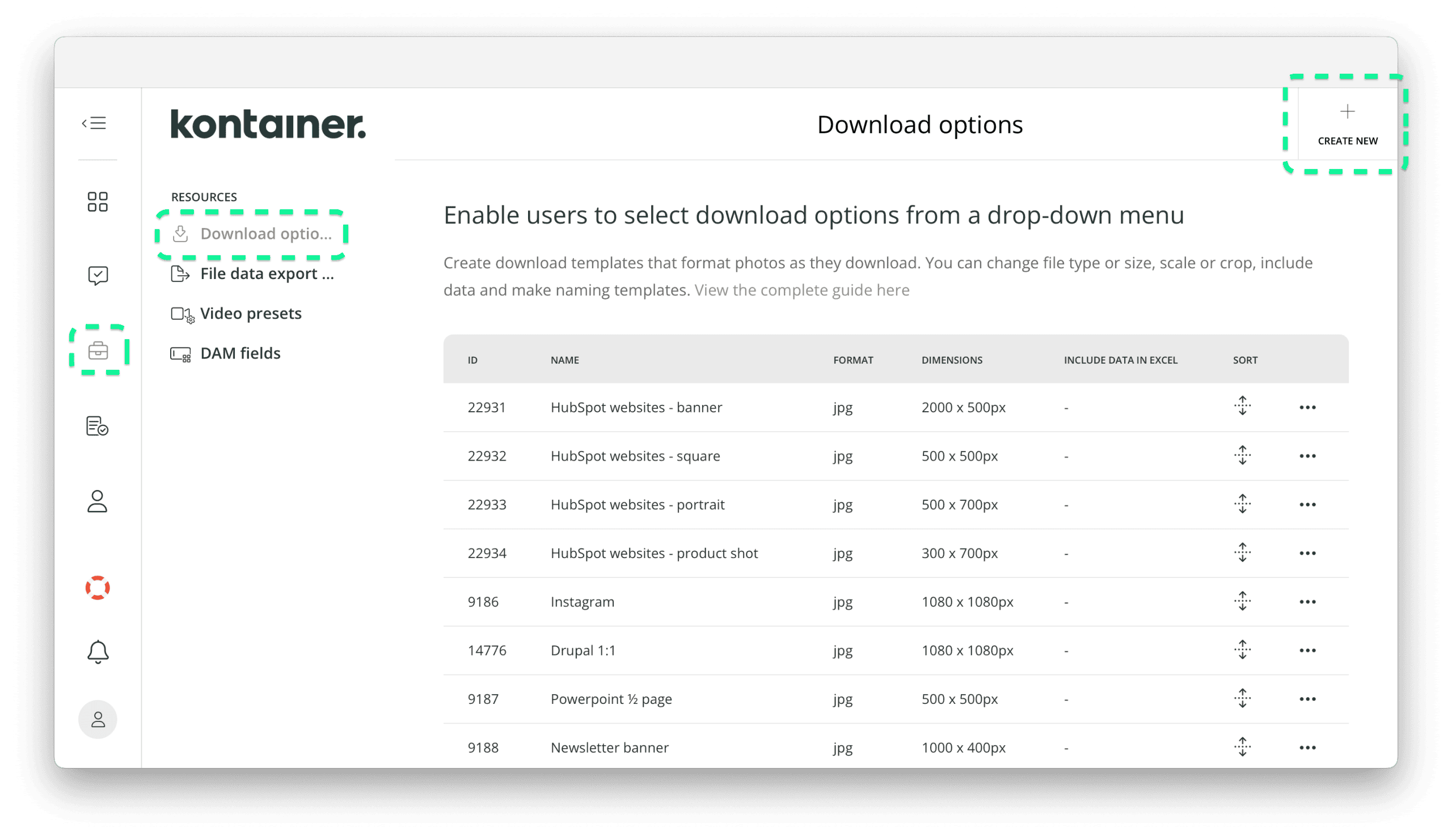 Neue Download-Vorlage in den Kontainer-Ressourceneinstellungen erstellen