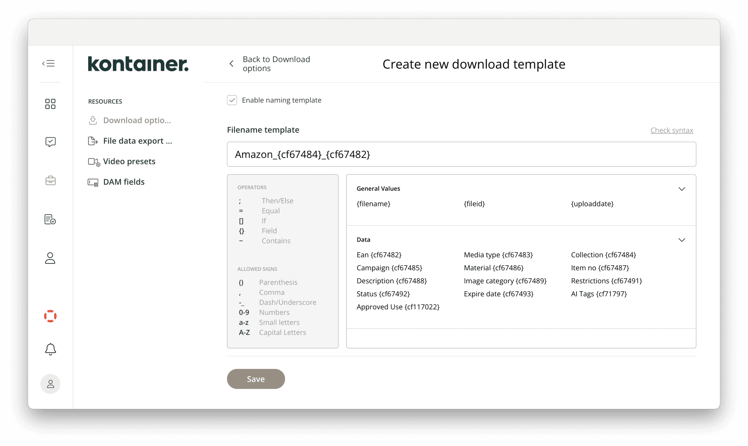 Einstellungen für Dateinamensvorlagen beim Erstellen einer Download-Vorlage in Kontainer DAM