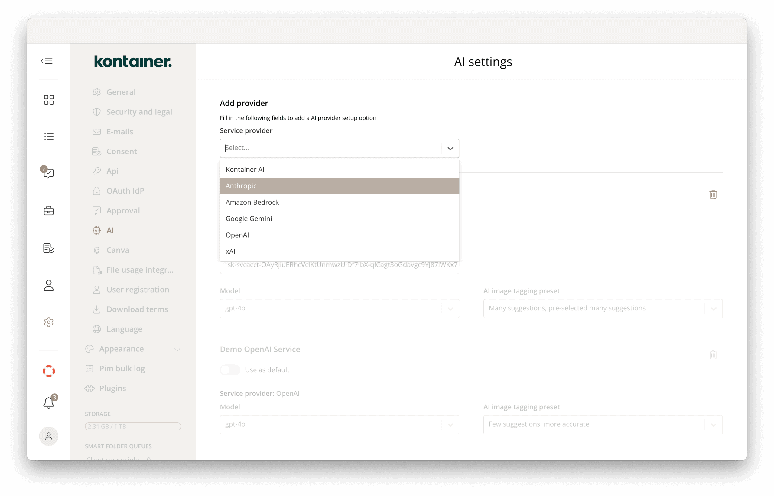 Adding AI provider in Kontainer DAM and PIM settings