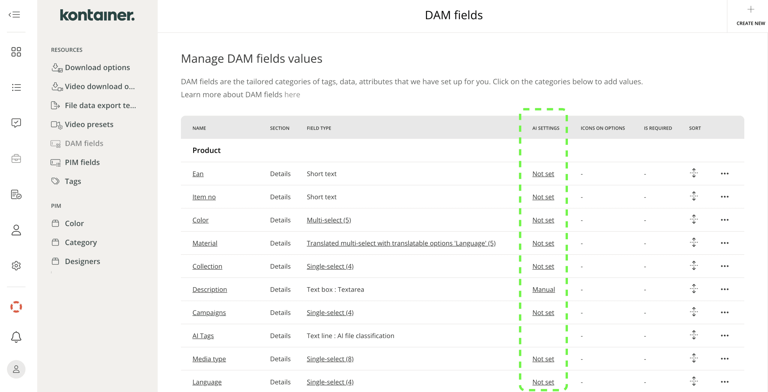 Kontainer DAM fields' settings panel with the AI settings column highlighted