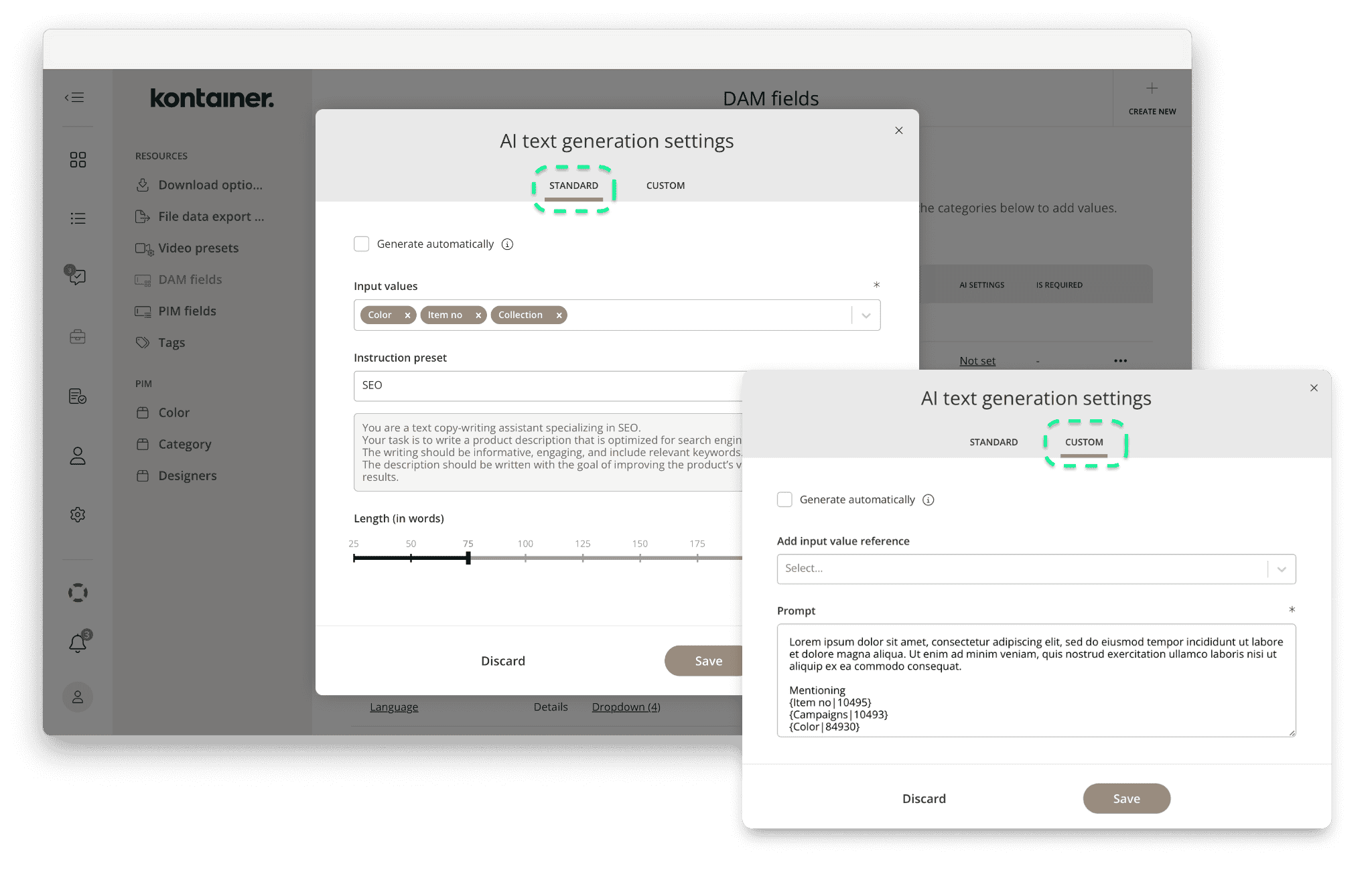 Kontainer DAM field AI settings shown with the alternatives of standard and custom prompt settings