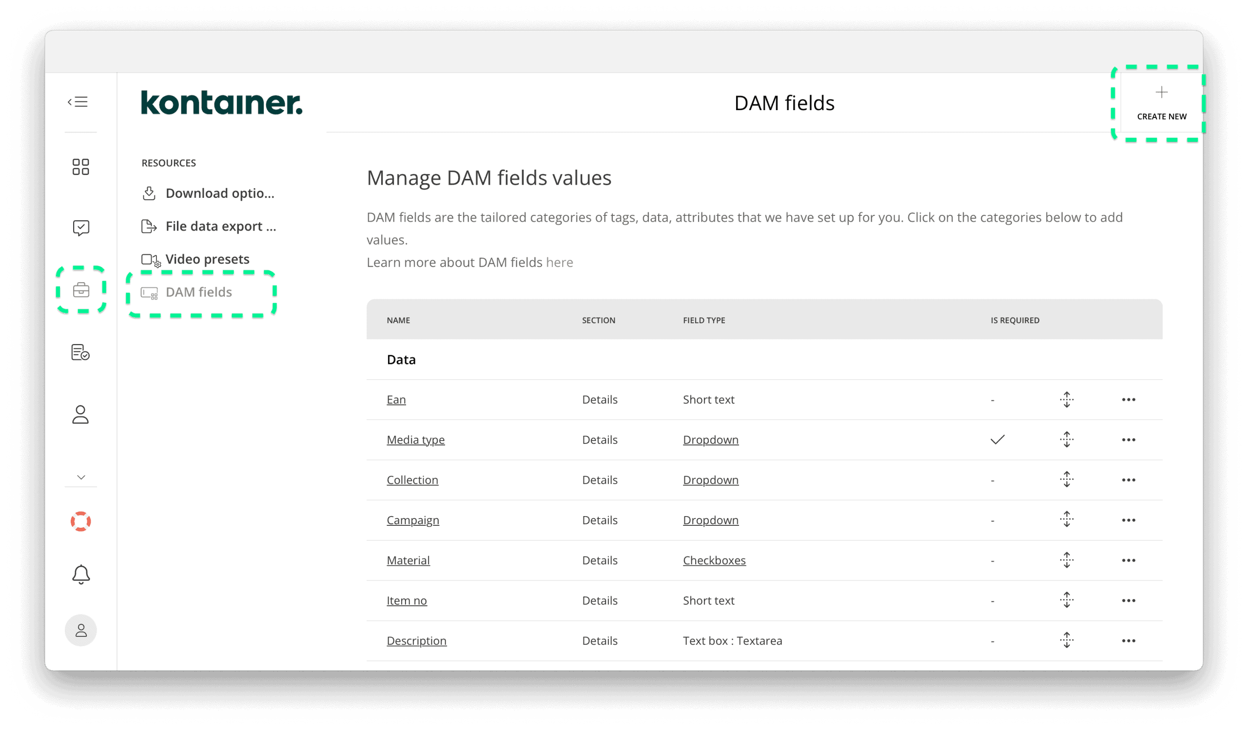 Erstellen eines neuen Kontainer-DAM-Felds im Ressourcen-Tab
