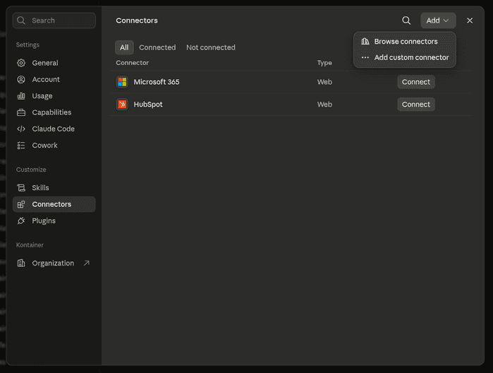 Claude settings with the Connectors page open and the Add custom connector option selected