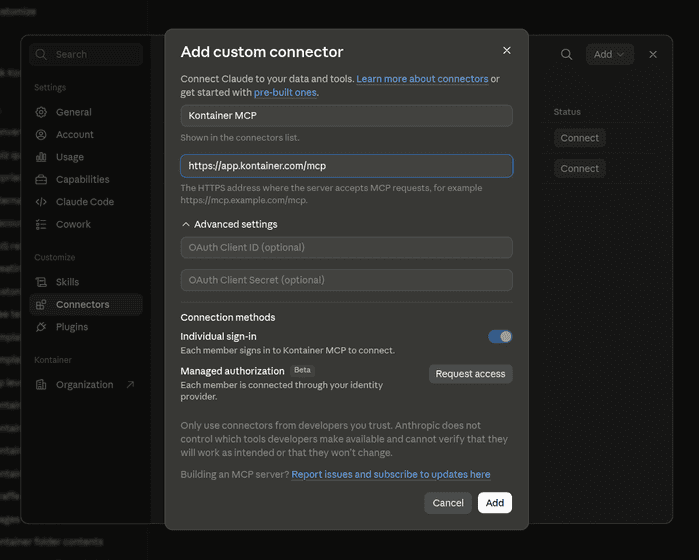 The Add custom connector dialog with a name and the Kontainer MCP URL filled in