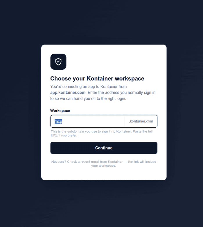 Kontainer workspace selection screen asking for the subdomain