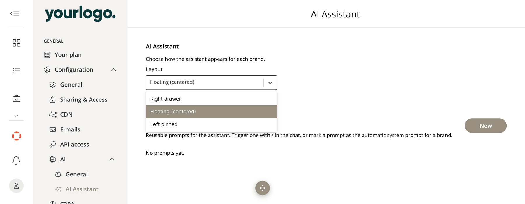 The Layout dropdown on the AI Assistant settings page, open and showing three choices: Right drawer, Floating (centered) and Left pinned.
