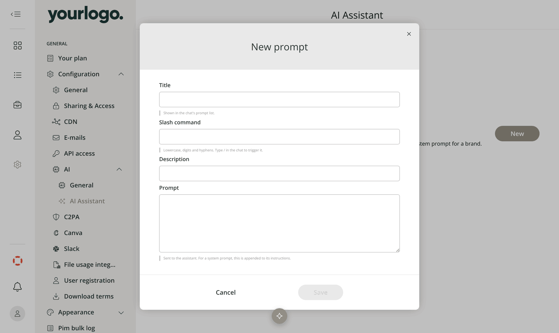 The new prompt form on the AI Assistant settings page, with fields for Title, Slash command, Description and Prompt, and Cancel and Save buttons.